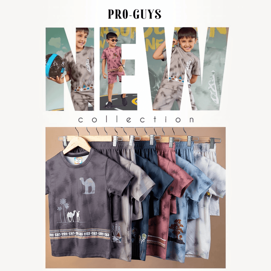 City Center Pro-Guys kids cotton tie-dye t-shirt and shorts co-ord sets in various colors on hangers
