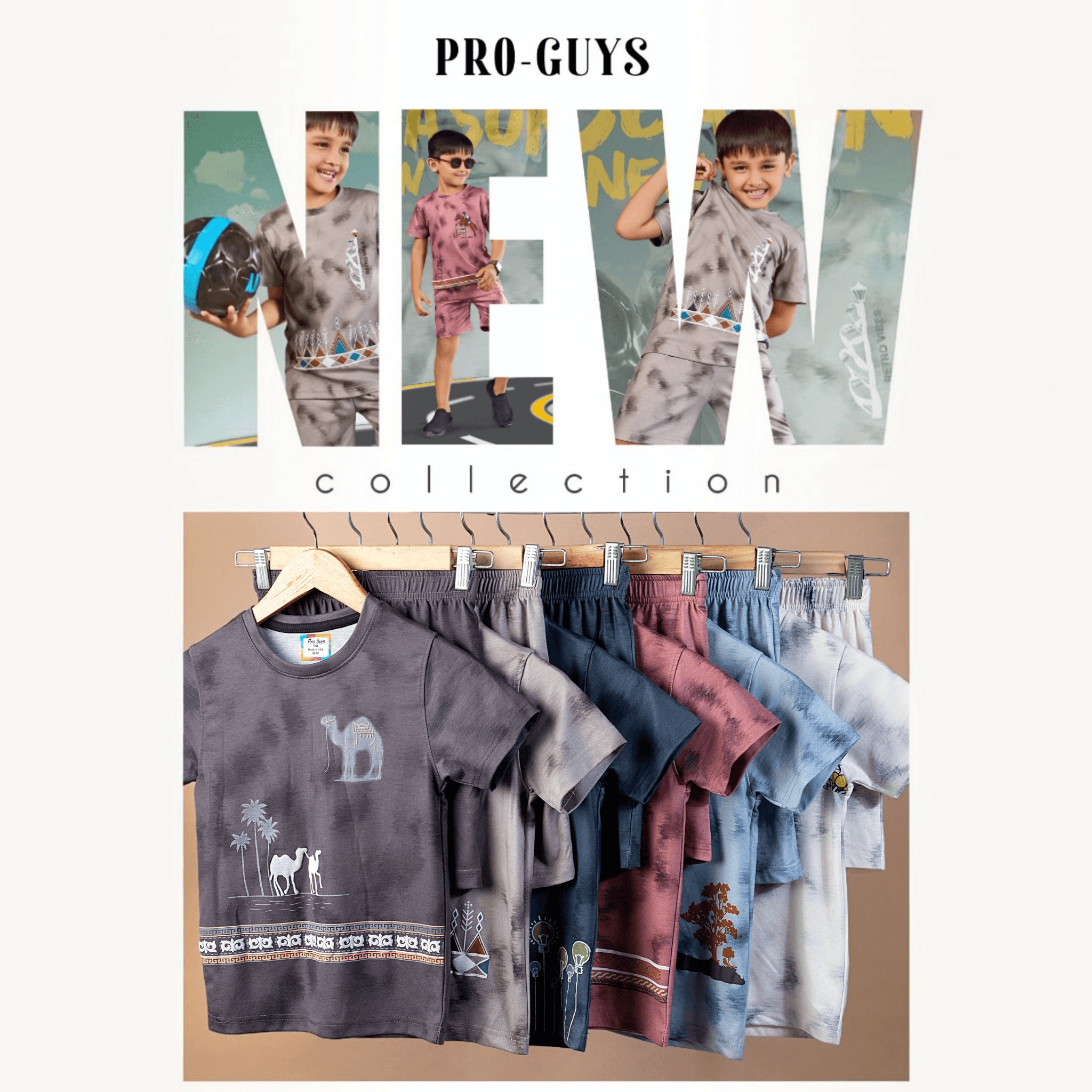 City Center Pro-Guys kids cotton tie-dye t-shirt and shorts co-ord sets in various colors on hangers