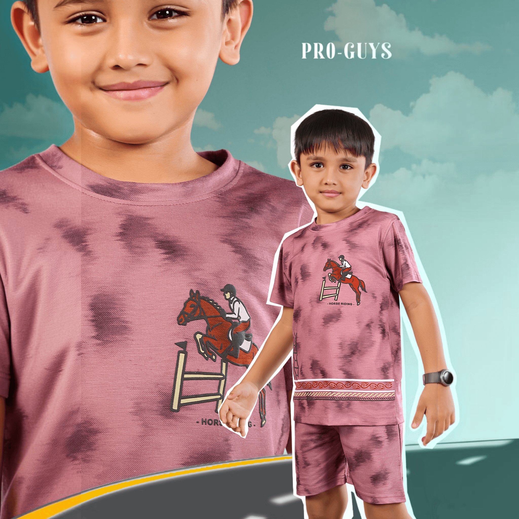 City Center Pro-Guys kids mauve tie-dye cotton t-shirt and shorts set with horse riding graphic print