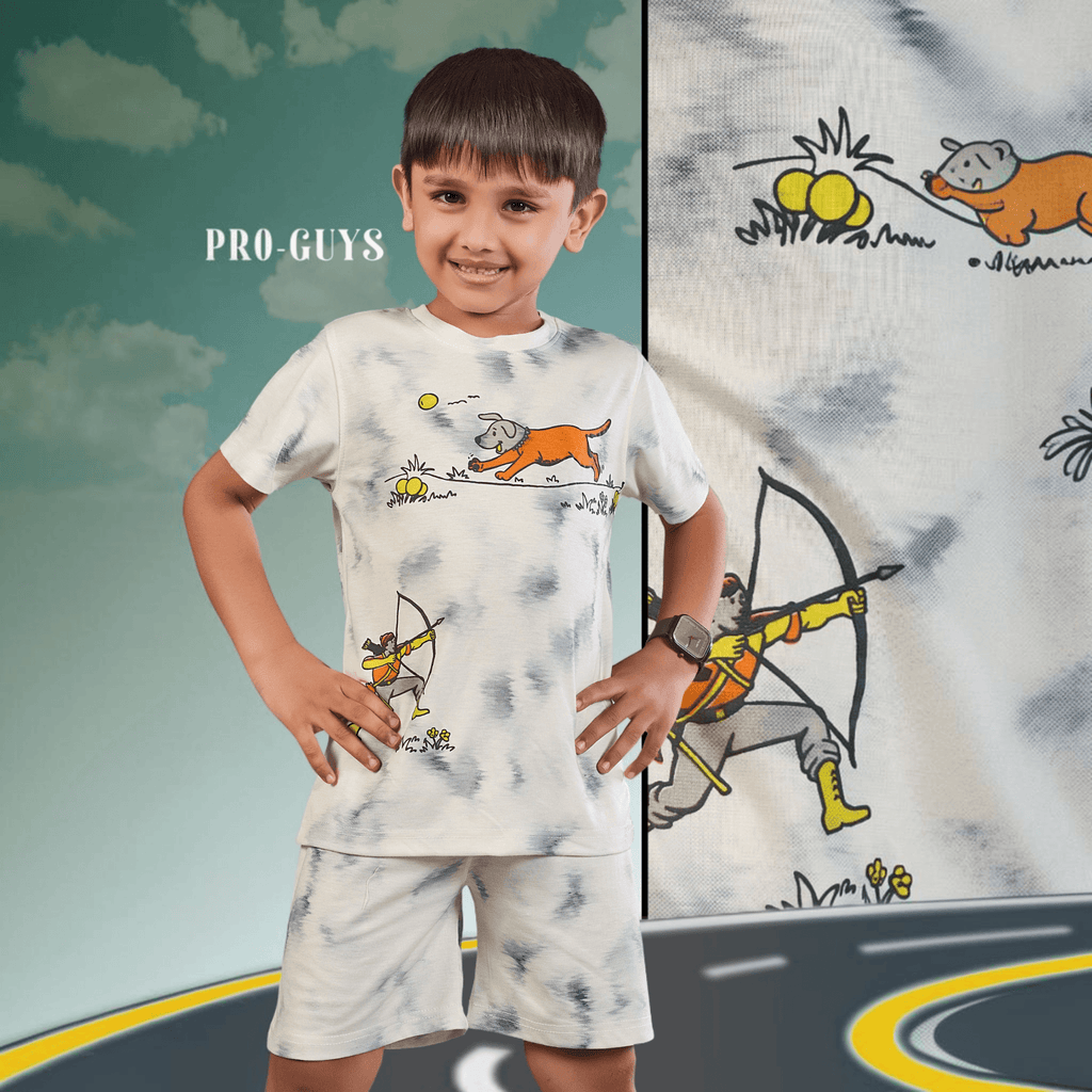 City Center Pro-Guys kids tie-dye cotton t-shirt and shorts set with playful graphic print on a young boy