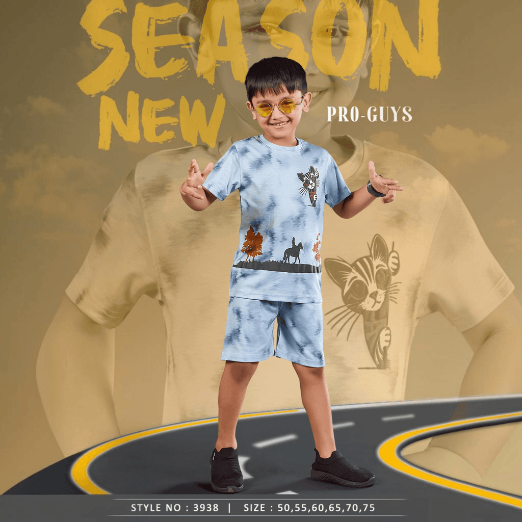 City Center Pro-Guys kids blue tie-dye cotton t-shirt and shorts set worn by a boy with yellow sunglasses