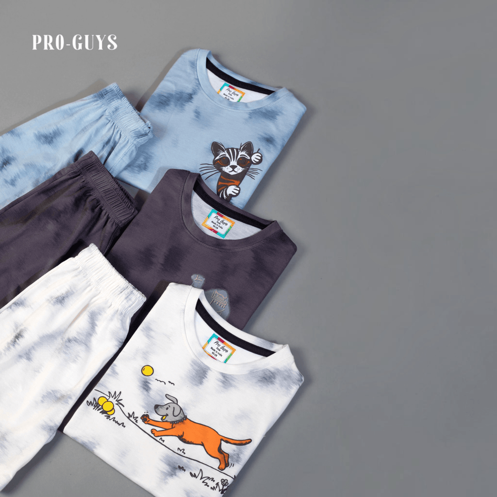 City Center Pro-Guys kids cotton tie-dye t-shirt and shorts sets with playful animal graphics on a grey background
