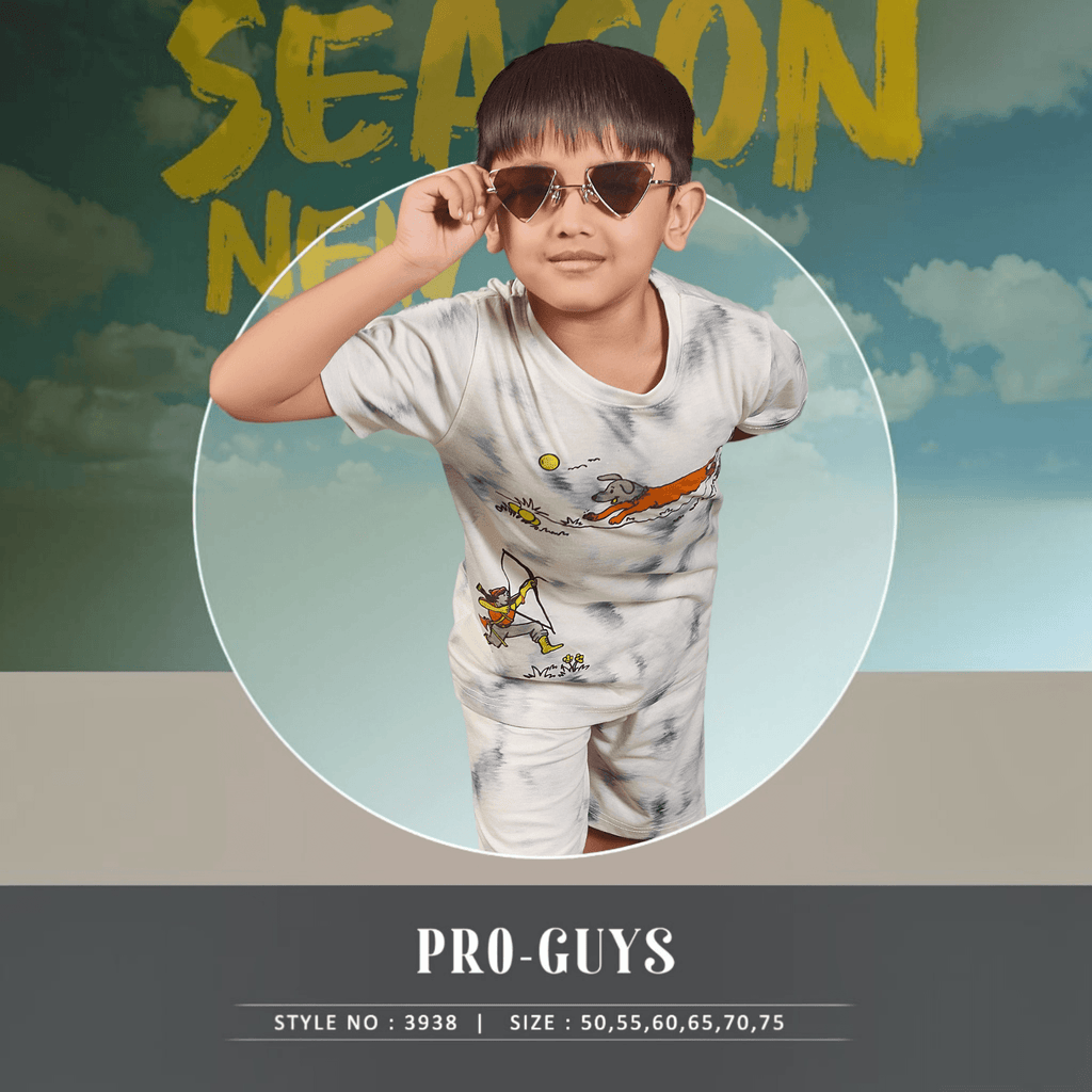 City Center Pro-Guys kids tie-dye cotton t-shirt and shorts set worn by a boy with triangle sunglasses