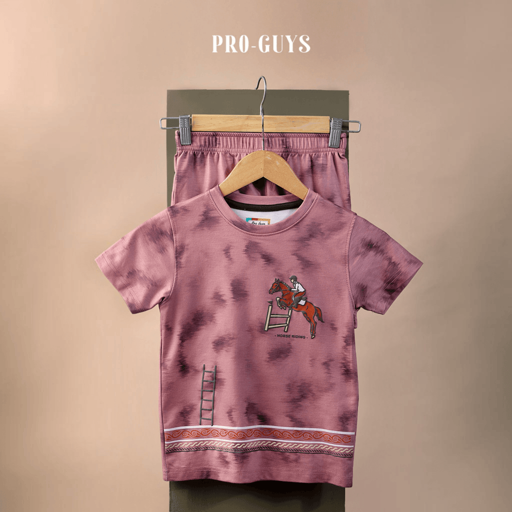 City Center Pro-Guys kids mauve tie-dye cotton t-shirt and shorts set with horse riding graphic print