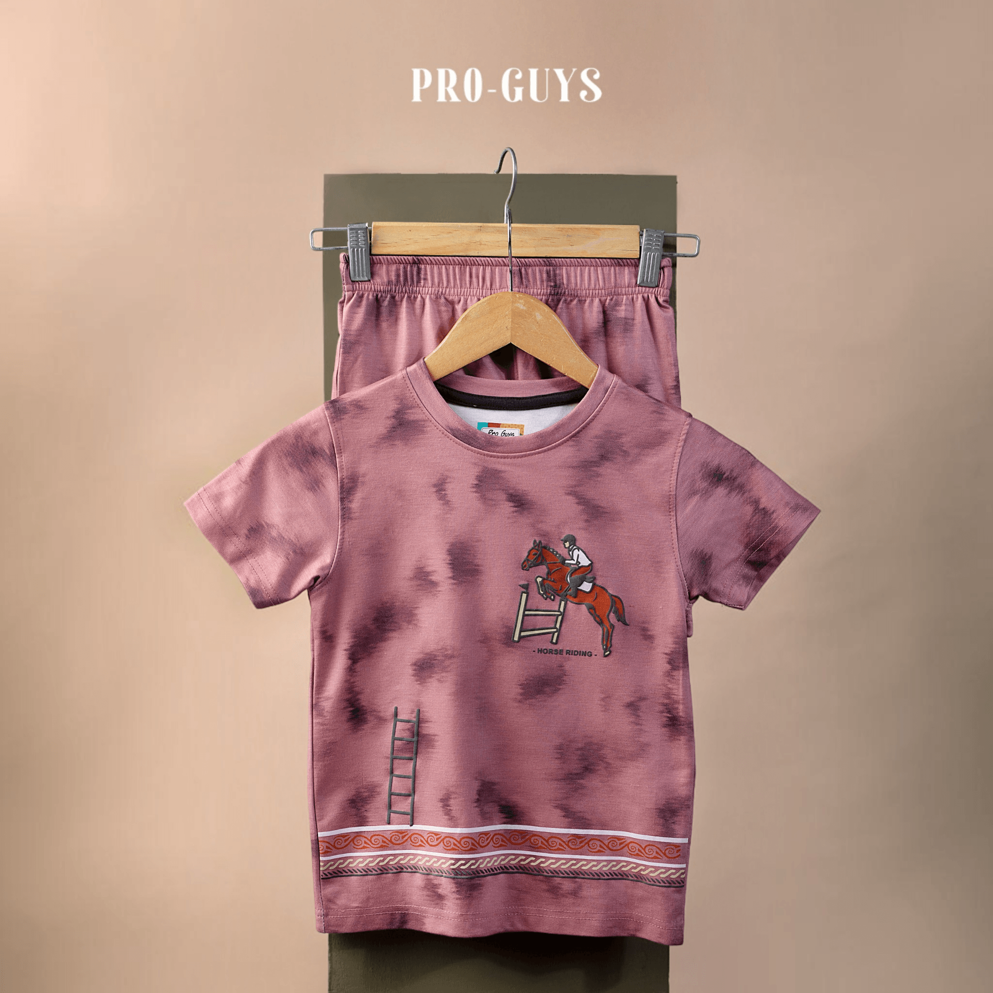 City Center Pro-Guys kids mauve tie-dye cotton t-shirt and shorts set with horse riding graphic print