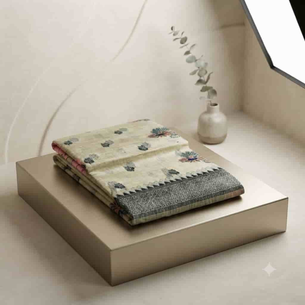 City Center pure cotton saree in cream with floral motifs and a dark textured border, folded on a display pedestal.