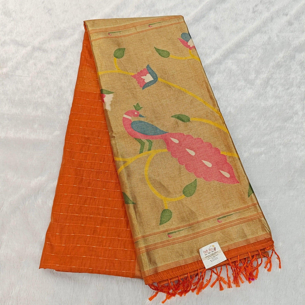 City Center pure silk Jamdani saree in orange with a gold zari pallu featuring intricate peacock and floral motifs.