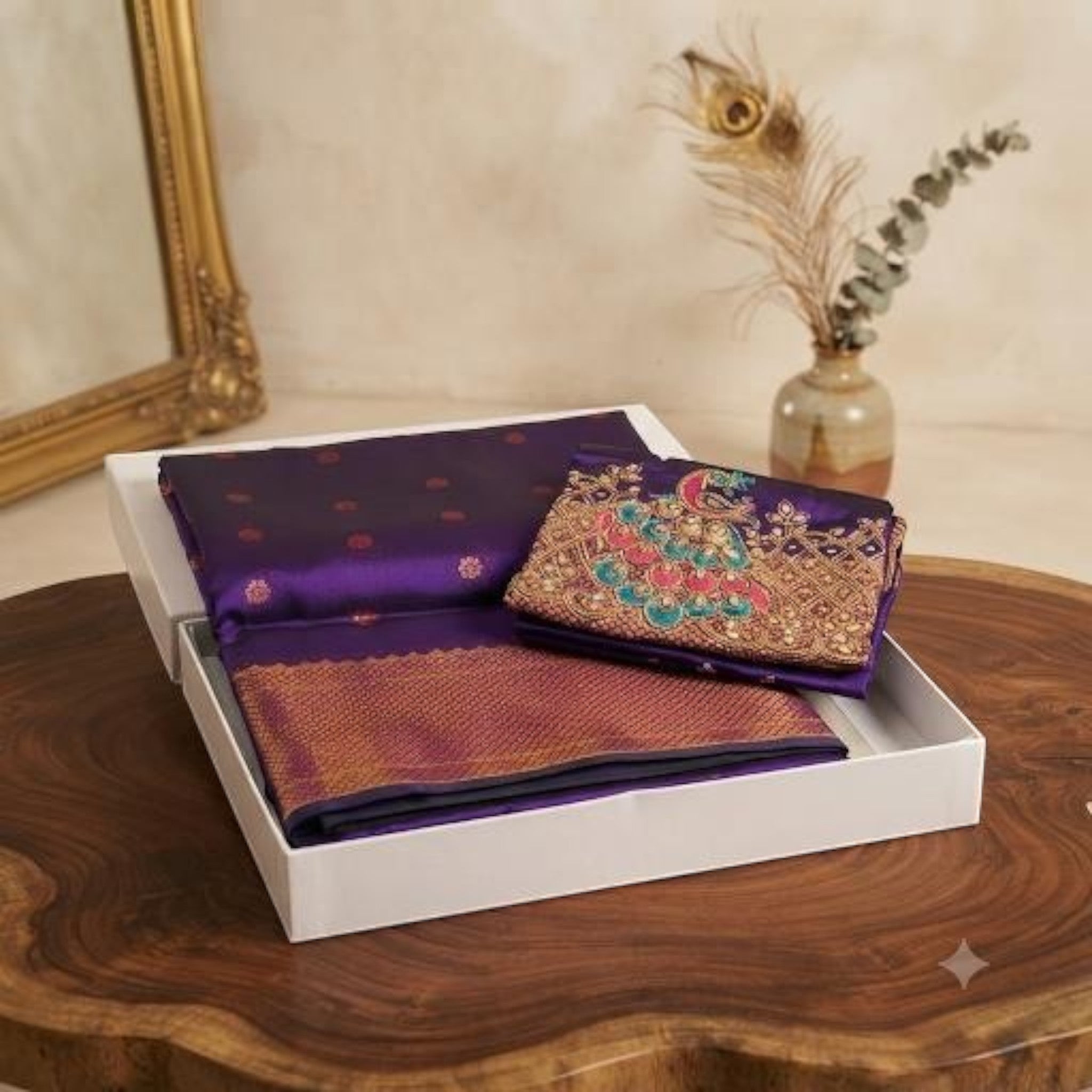 City Center purple silk saree with intricate Aari embroidery, featuring a peacock motif and gold zari border.
