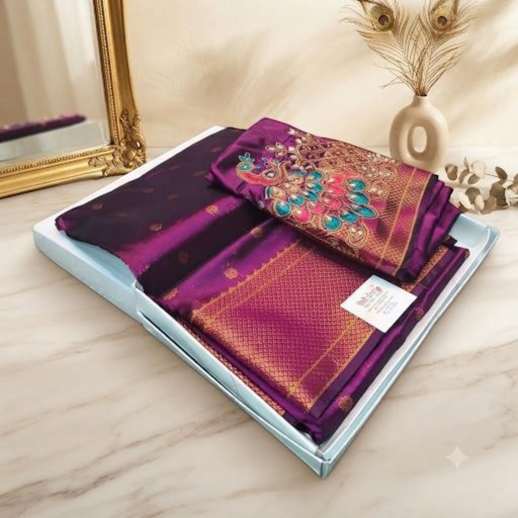 City Center Kalanjali Aari work saree in deep purple with intricate peacock embroidery and gold zari border