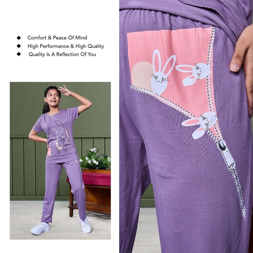 City Center Honey Girls purple cord set featuring a playful bunny graphic print on a soft jersey knit loungewear set.