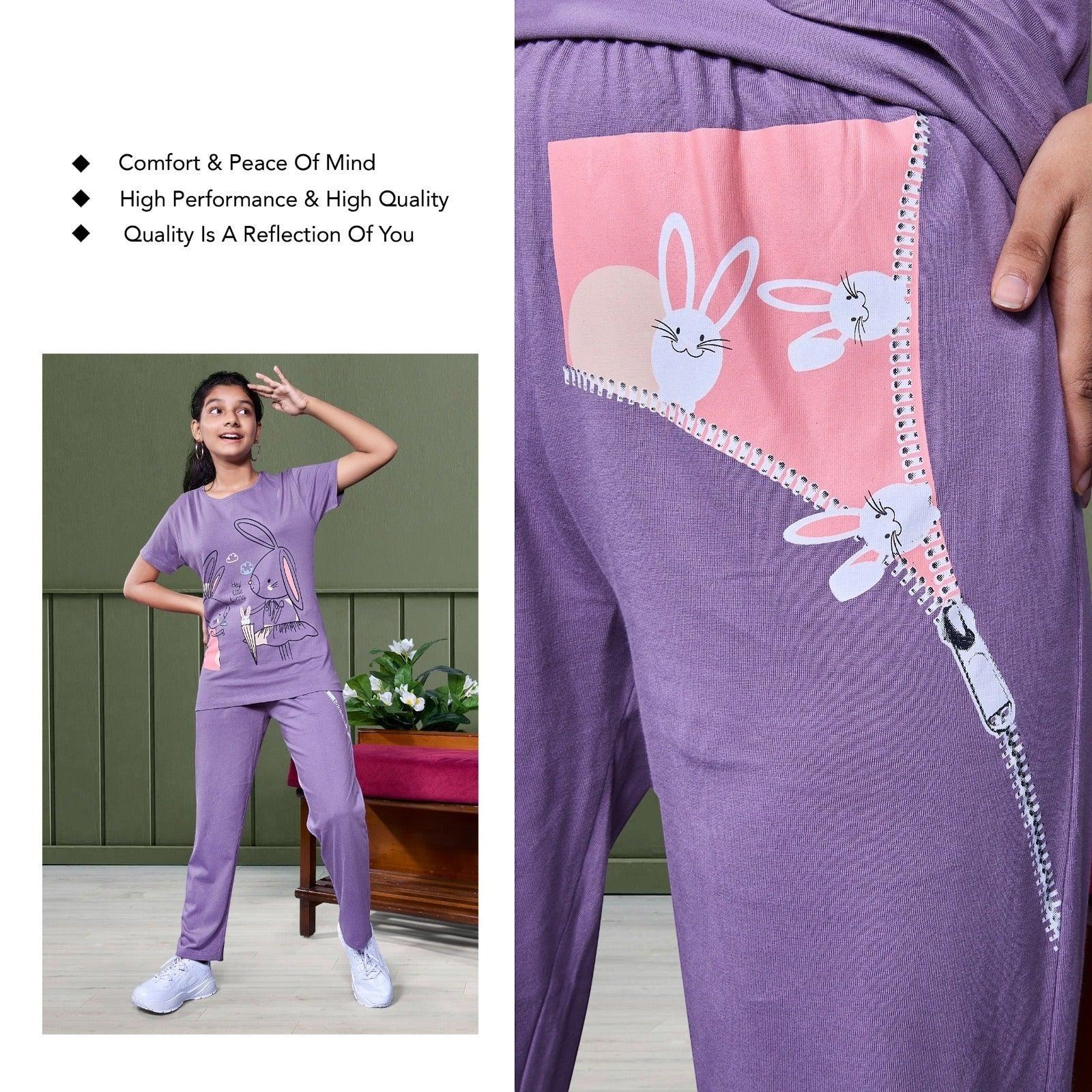 City Center Honey Girls purple cord set featuring a playful bunny graphic print on a soft jersey knit loungewear set.