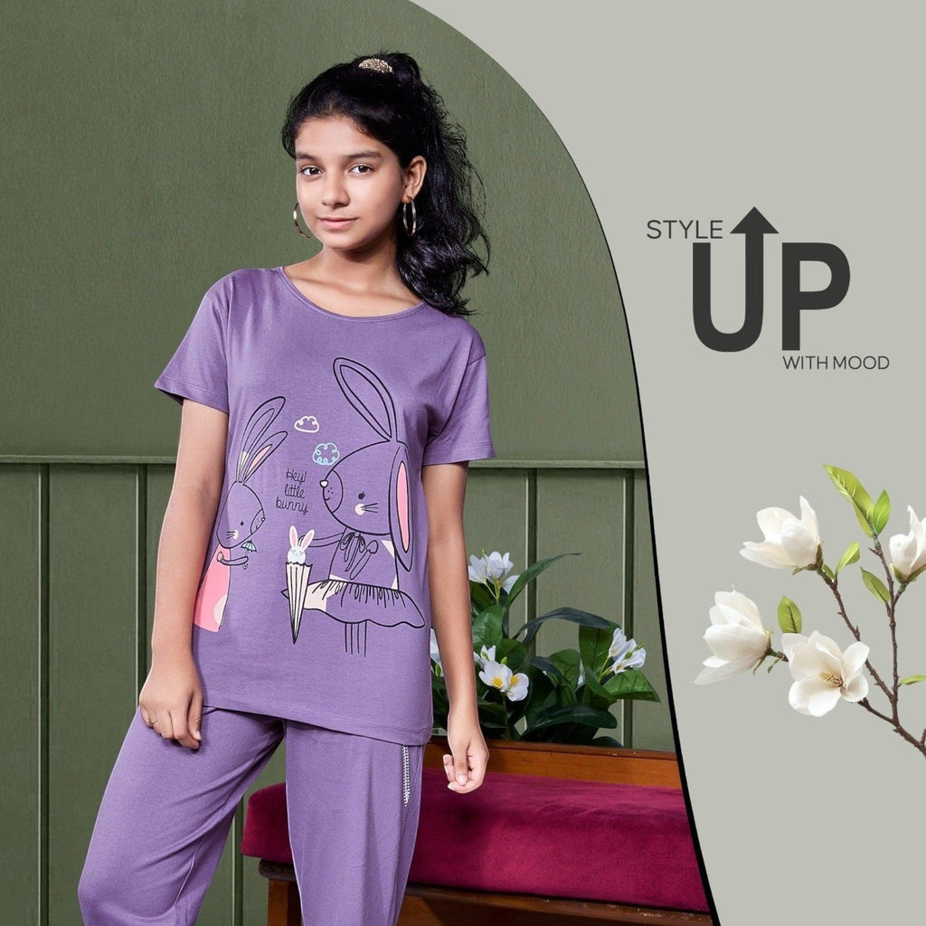 City Center Honey Girls purple cord set featuring a cute bunny graphic print on a soft jersey cotton t-shirt and pants.