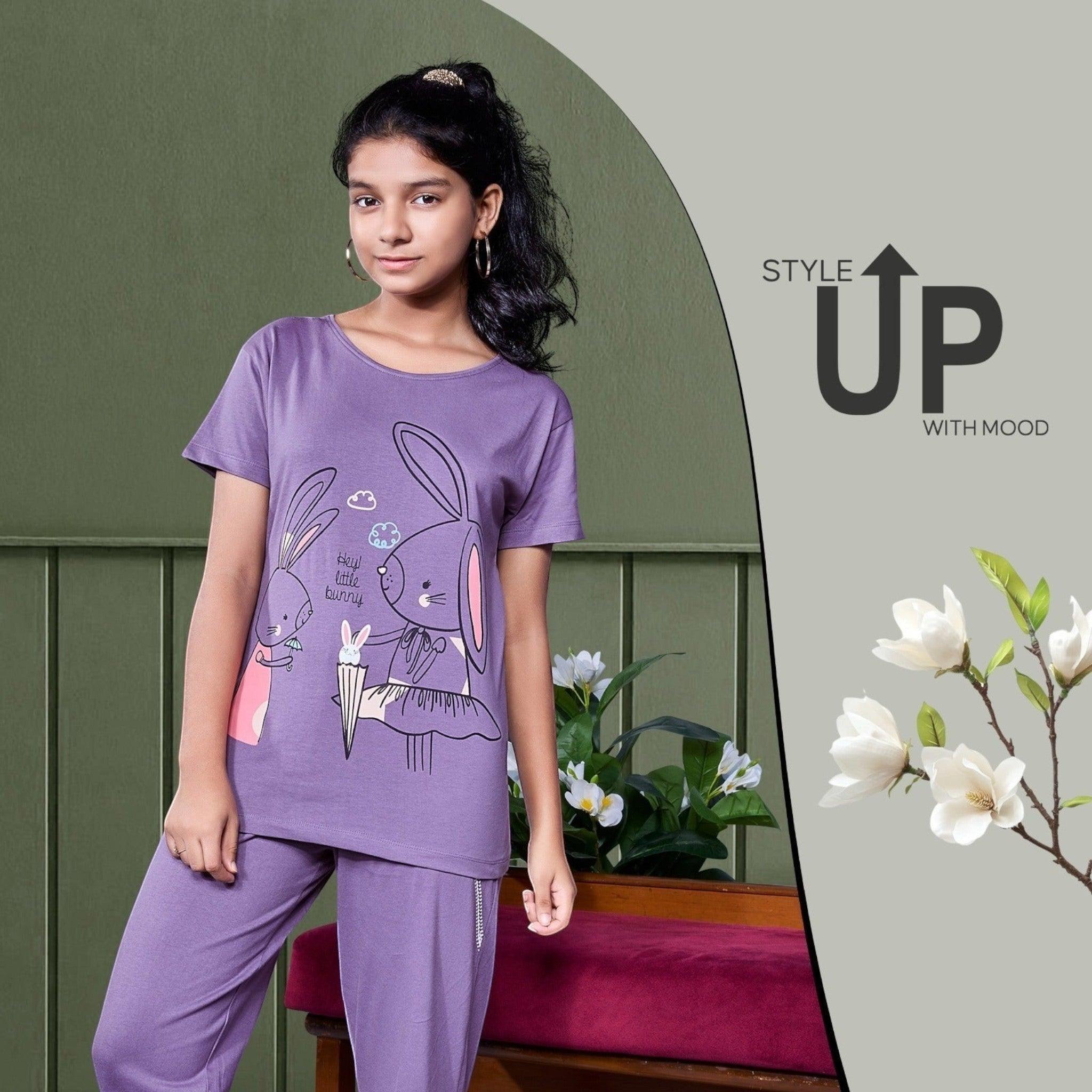 City Center Honey Girls purple cord set featuring a cute bunny graphic print on a soft jersey cotton t-shirt and pants.
