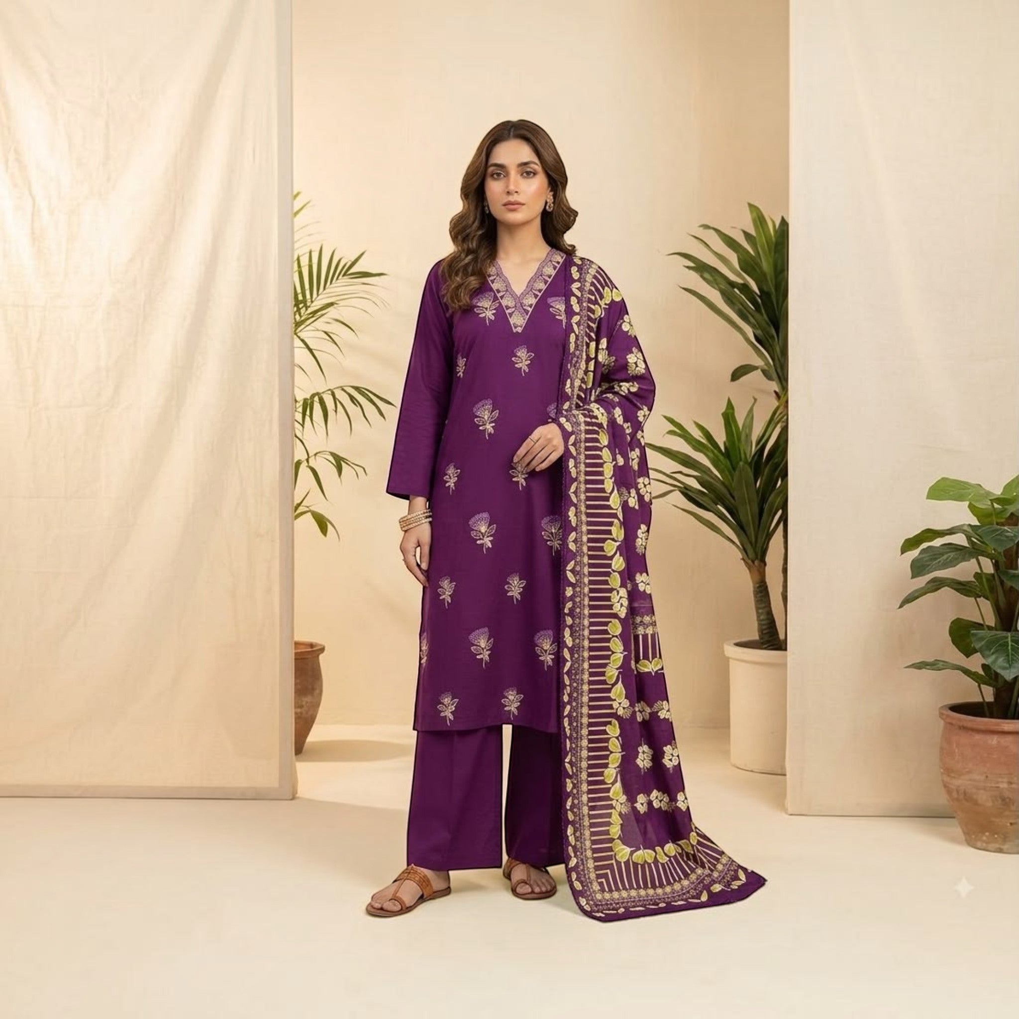 City Center Padmini premium purple 3-piece churidar set with floral embroidery, matching dupatta, and straight pants.