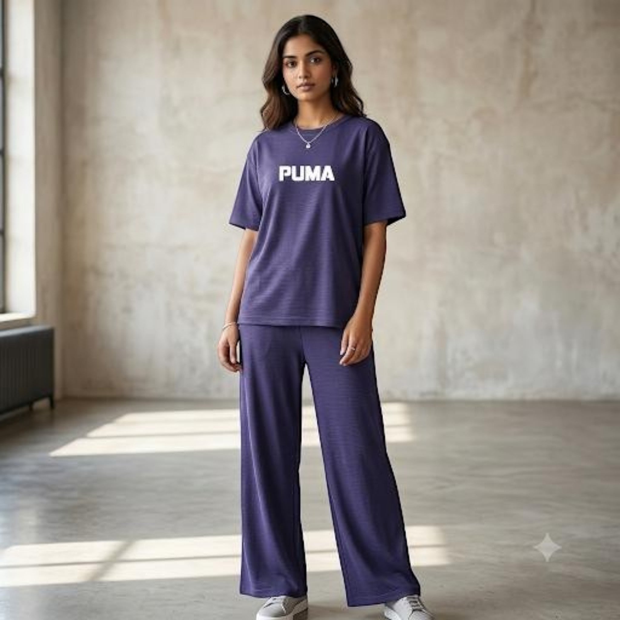 City Center Korean airport cord set featuring a relaxed purple oversized t-shirt and matching wide-leg trousers