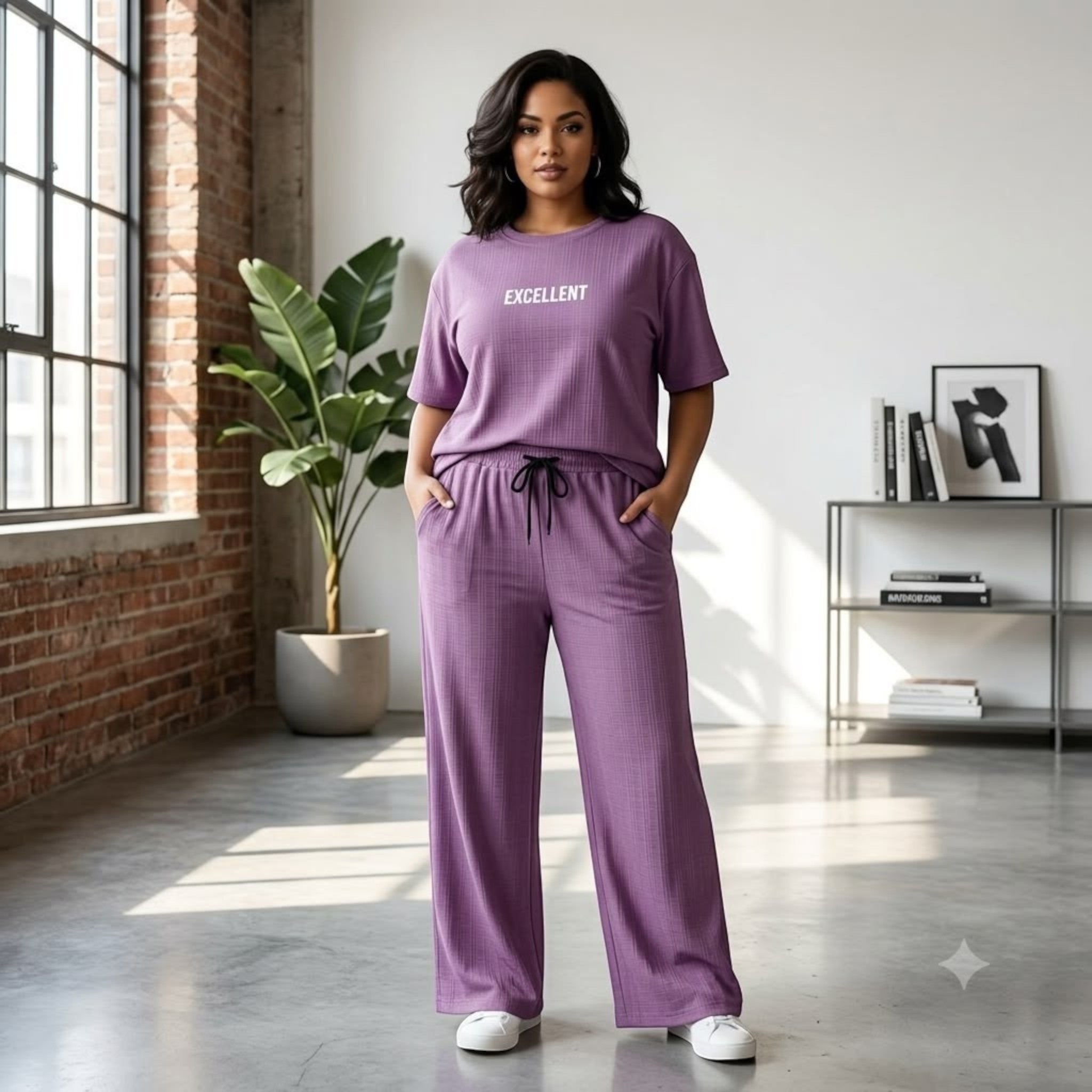 City Center Korean airport cord set in purple with oversized top and wide-leg trousers worn by a woman