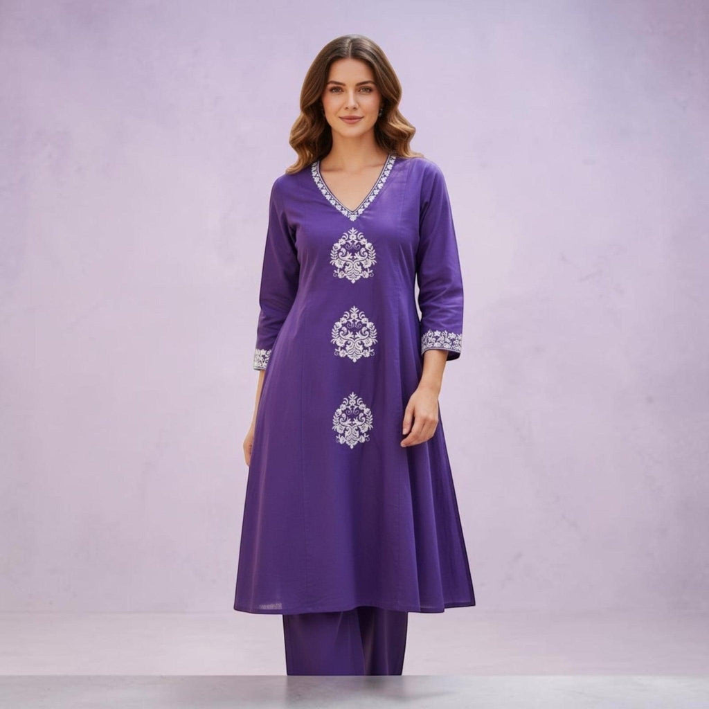 City Center purple cotton co-ord set featuring intricate white embroidery on the neckline and front panels.