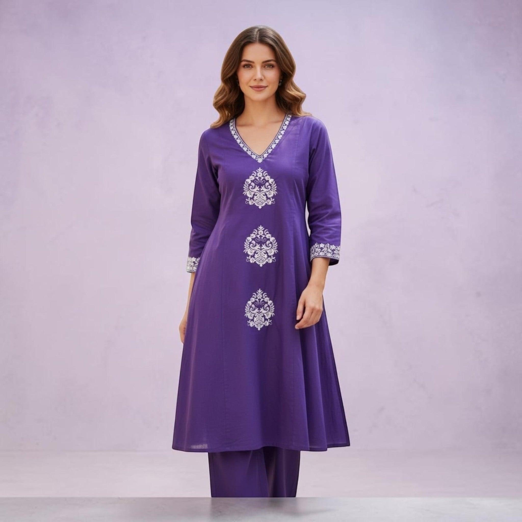 City Center purple cotton co-ord set featuring intricate white embroidery on the neckline and front panels.