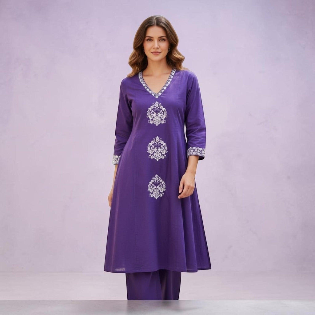 City Center purple cotton co-ord set featuring intricate white embroidery on the neckline and front panels