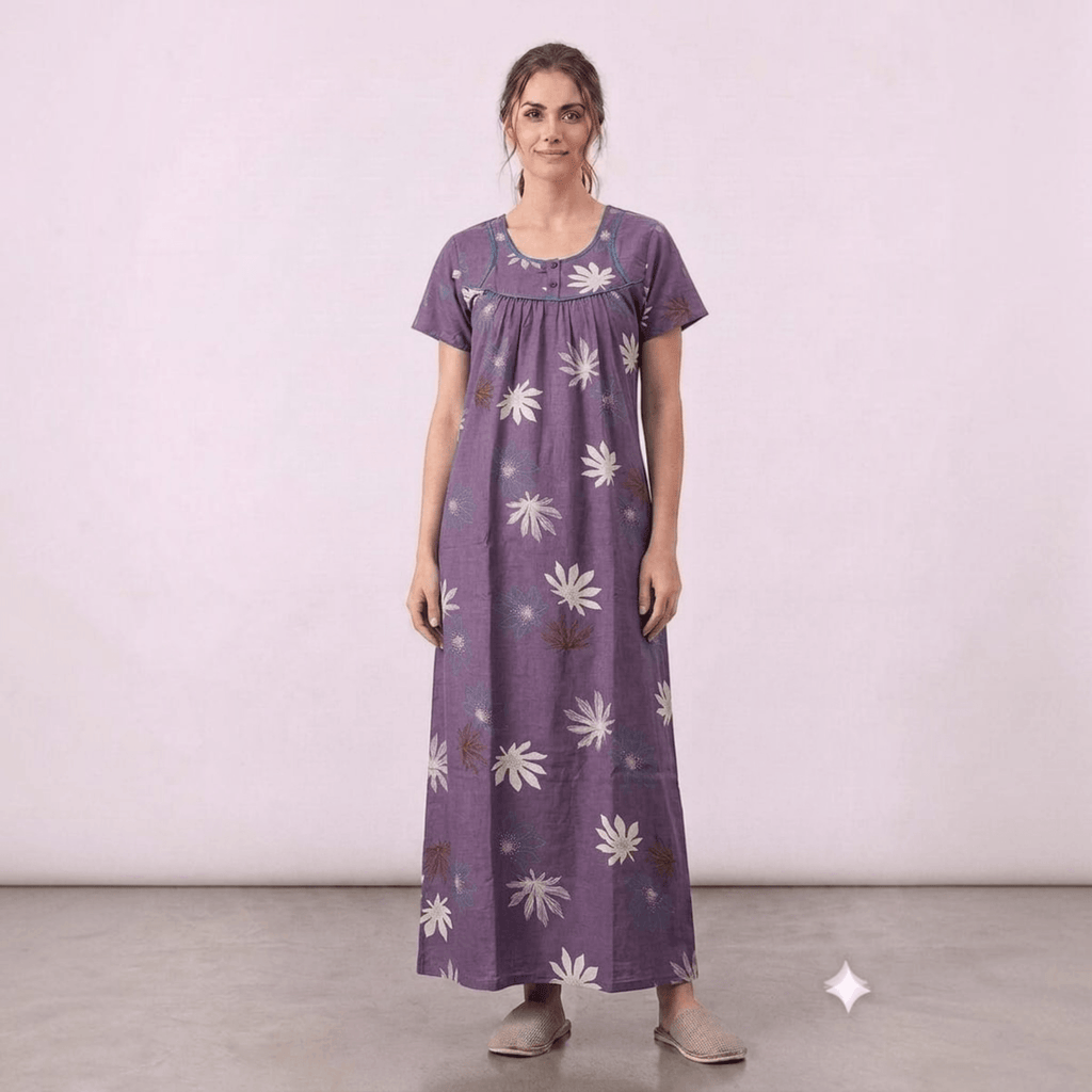City Center purple cotton feeding gown with white leaf print, neck embroidery, and relaxed A-line fit on a model.