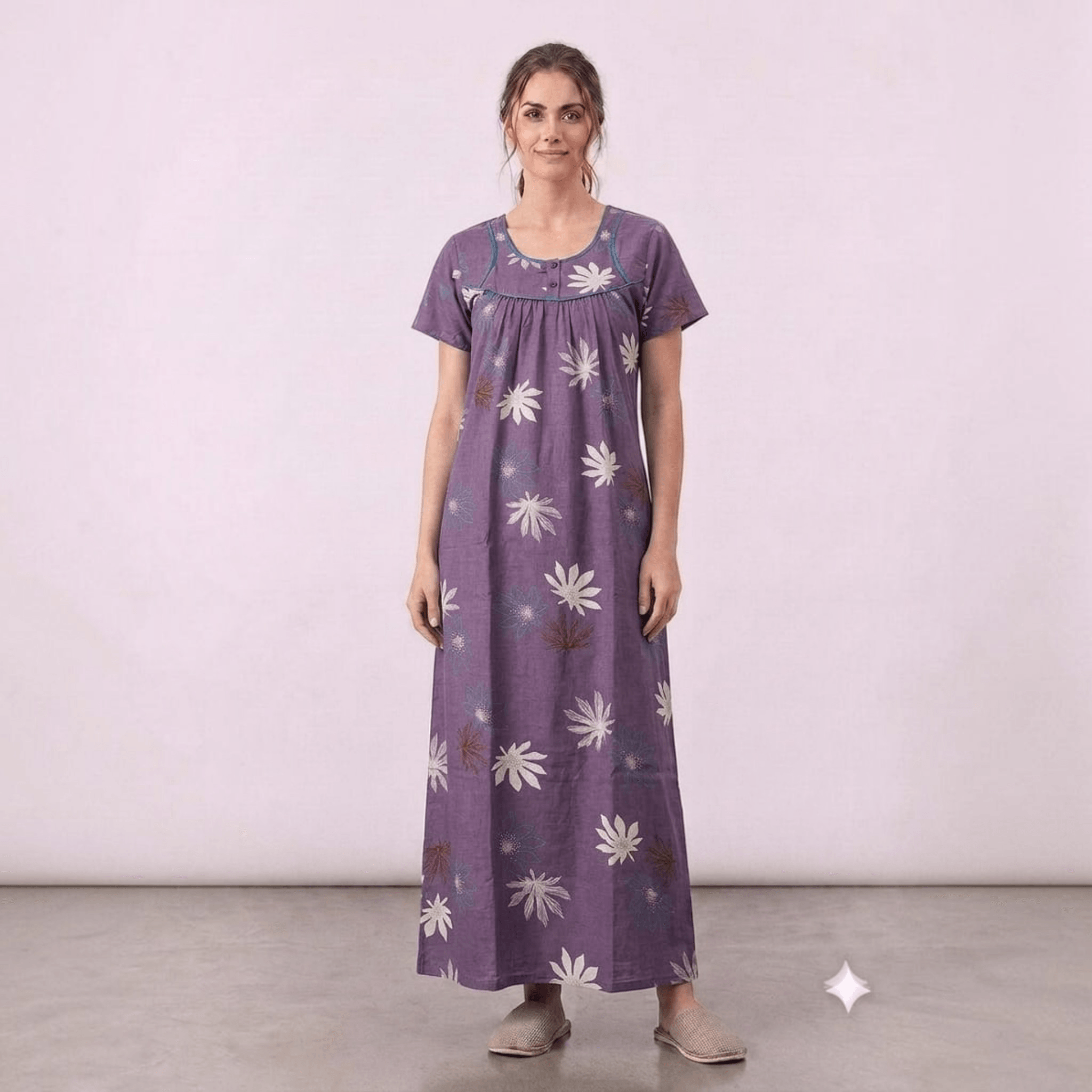 City Center purple cotton feeding gown with white leaf print, neck embroidery, and relaxed A-line fit on a model.