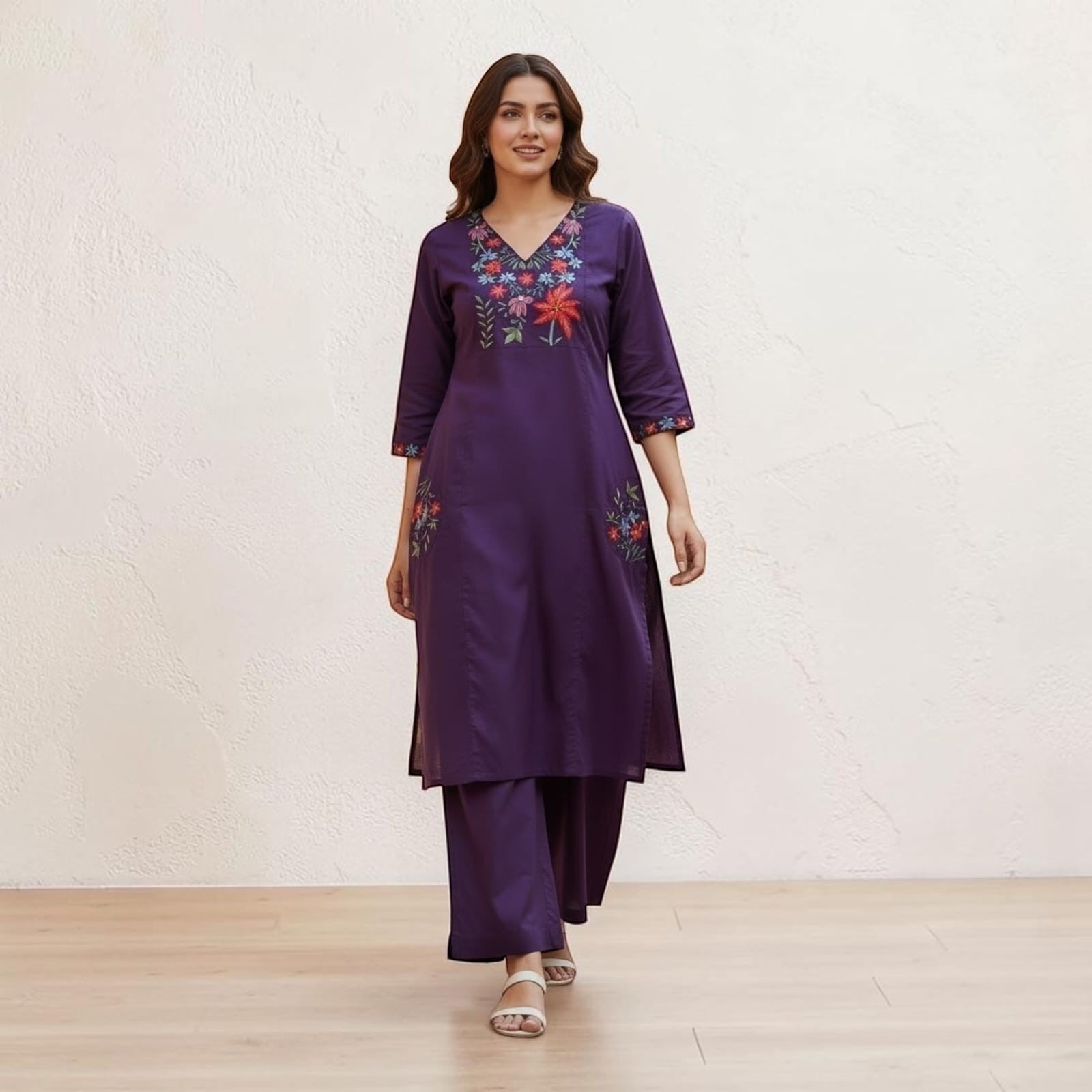City Center purple kurta and palazzo set with floral embroidery on the neckline and pockets, worn by a model.