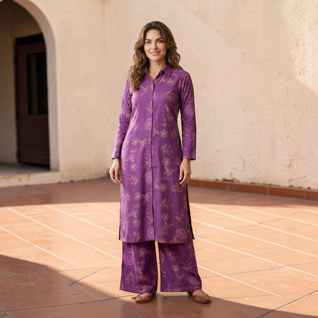 City Center purple floral print co-ord set with collared tunic and wide-leg palazzo pants worn by a smiling woman.