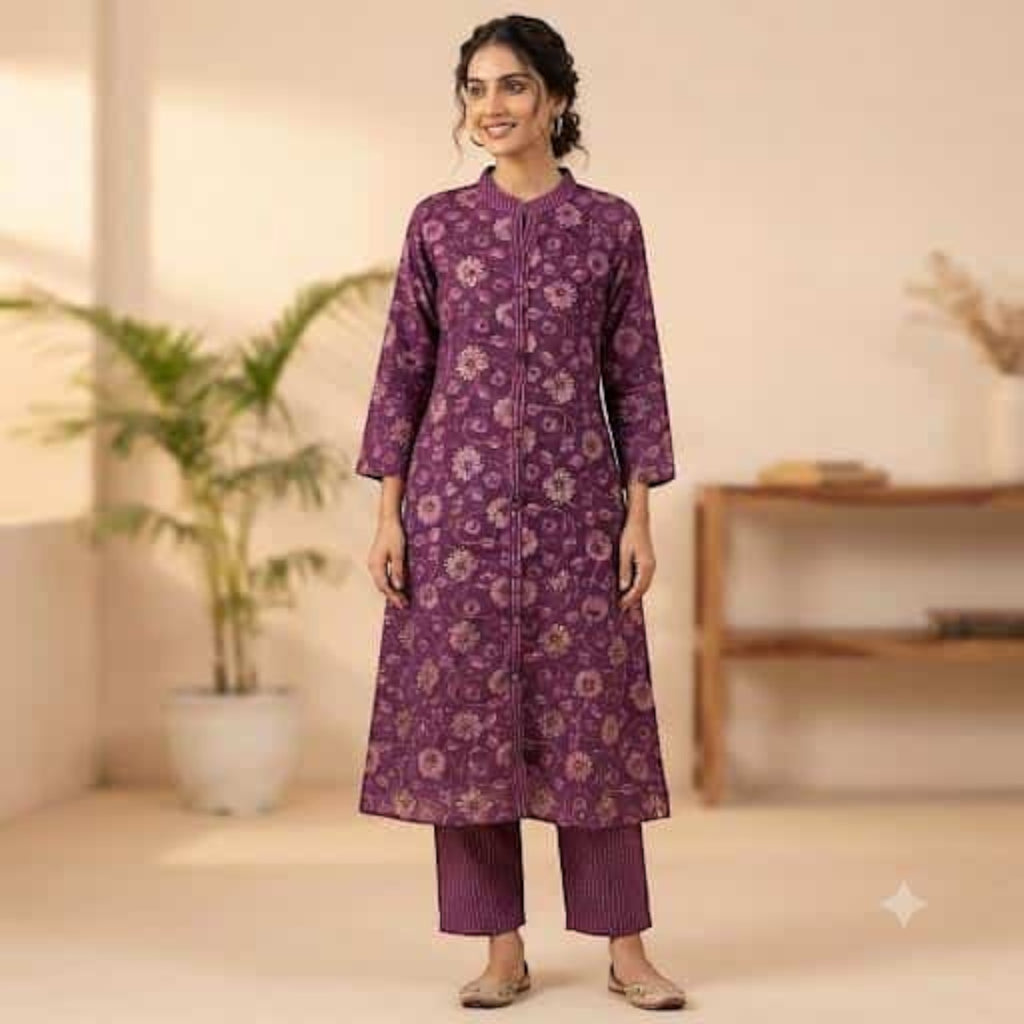 City Center premium purple floral co-ord set with long kurta and matching trousers worn by a woman in a studio