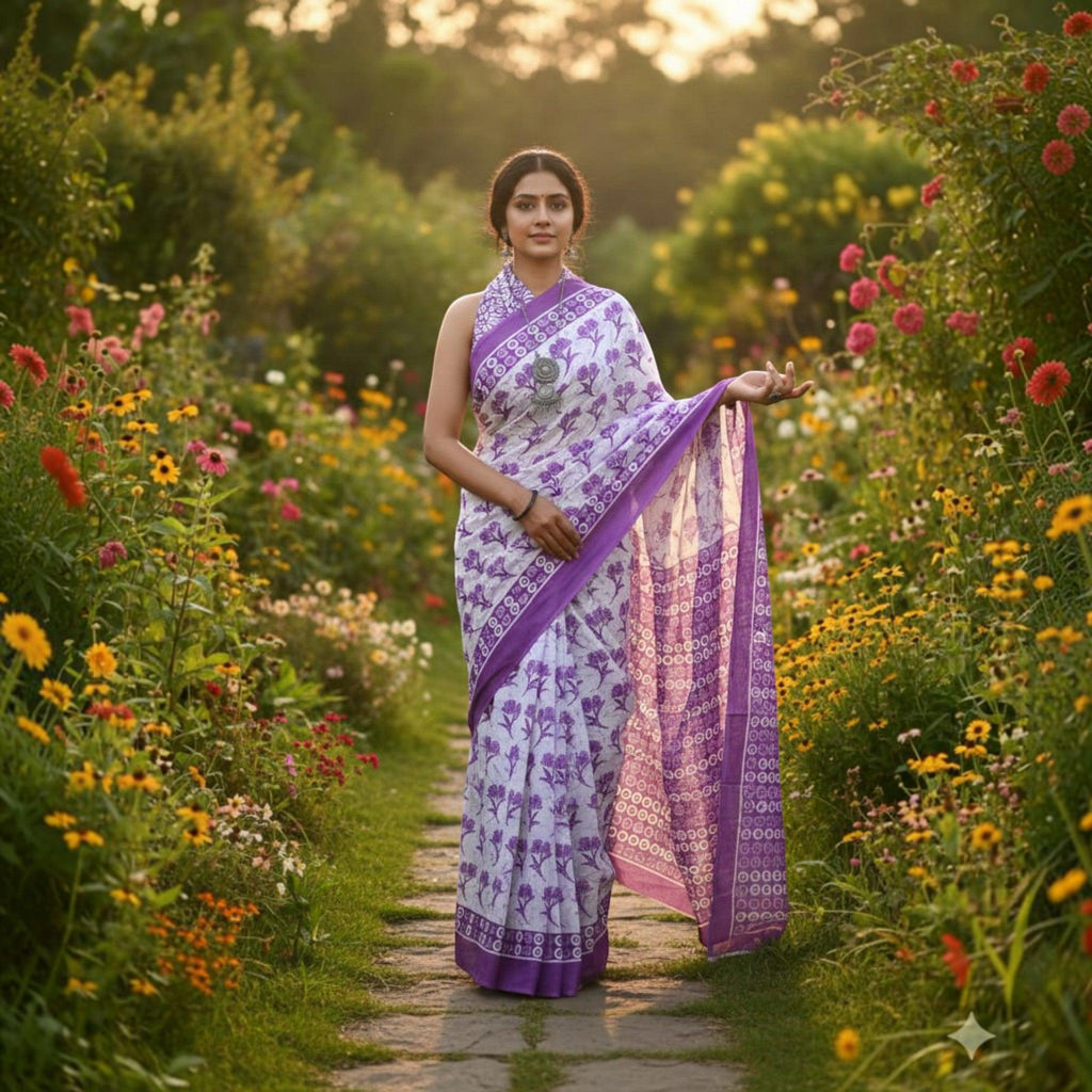 City Center premium cotton saree in white with purple floral block print worn by a woman in a lush flower garden