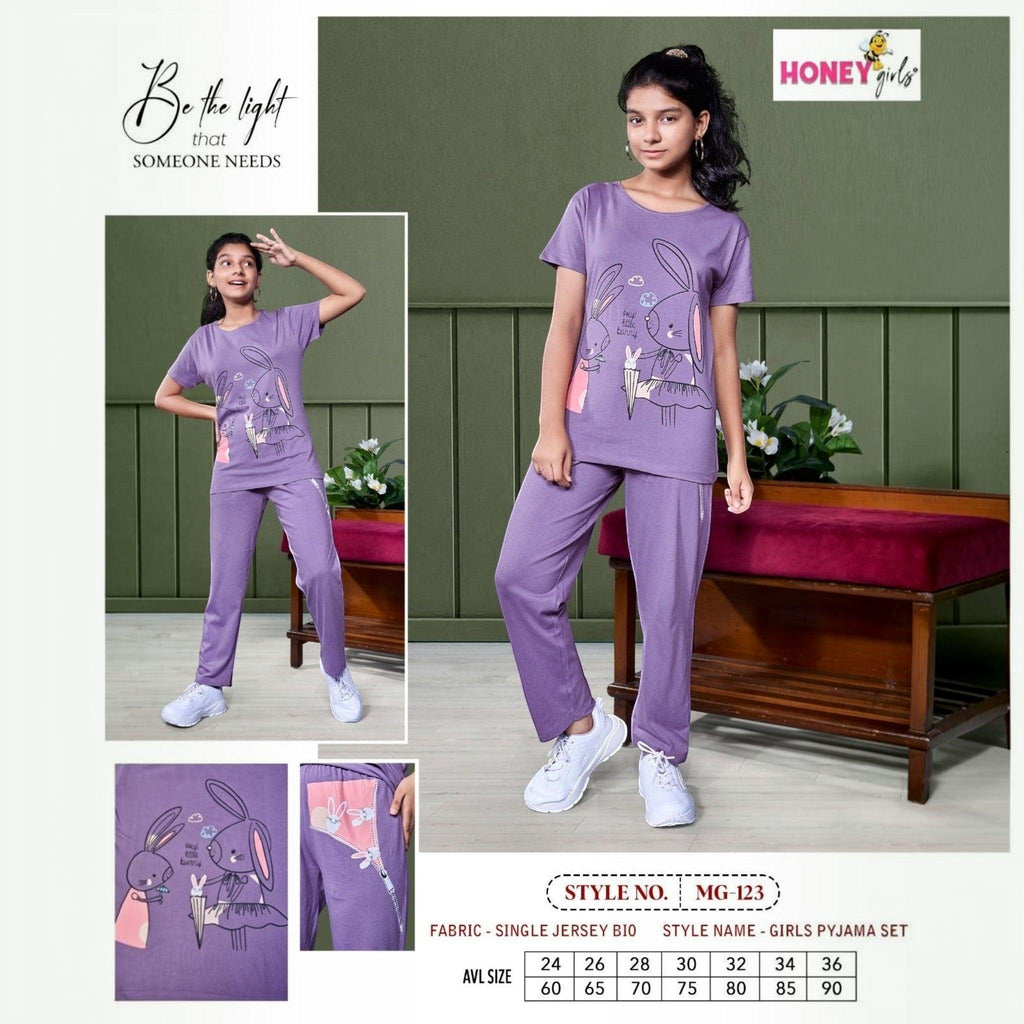 City Center Honey Girls purple loungewear set featuring a bunny graphic t-shirt and matching comfortable trousers.