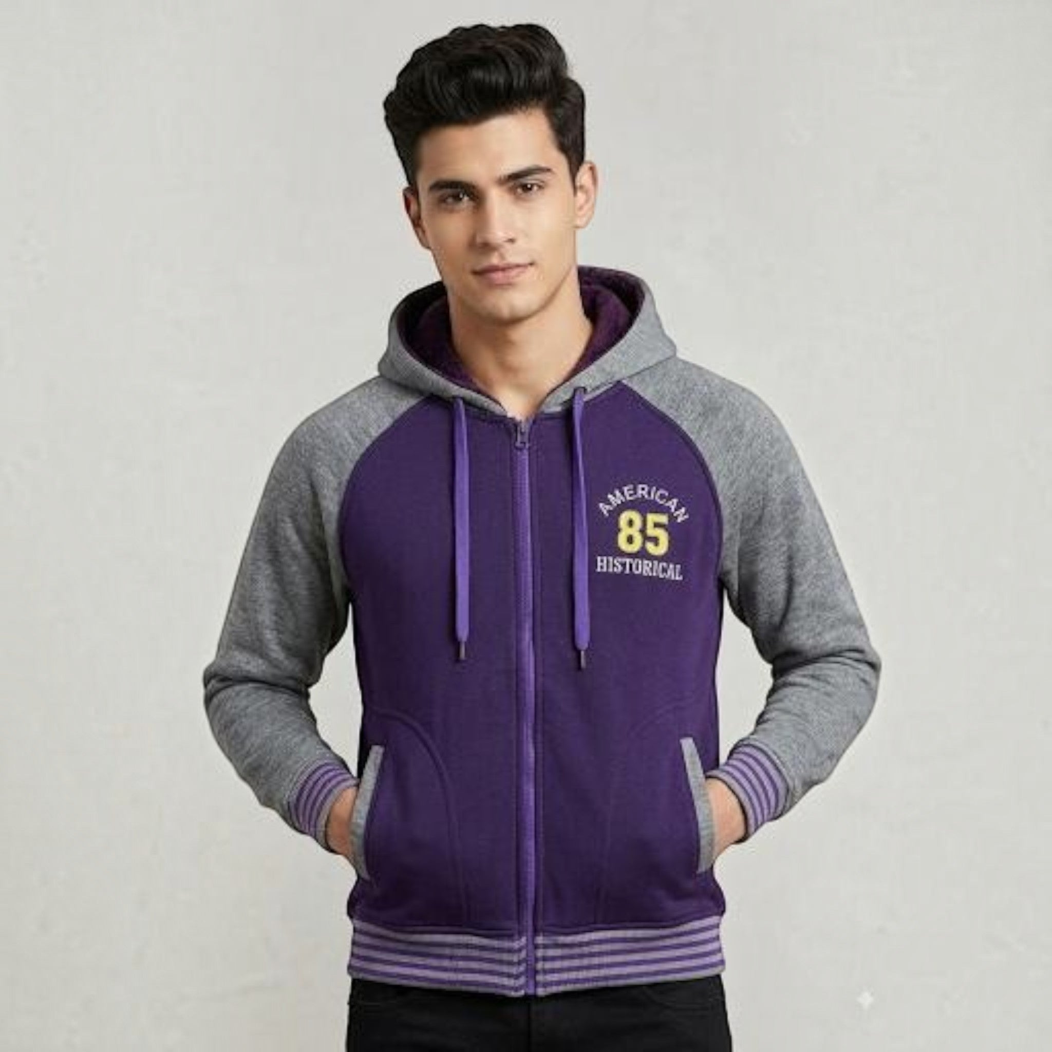 City Center men's purple and grey zip-up hoodie with American 85 graphic print and drawstring hood