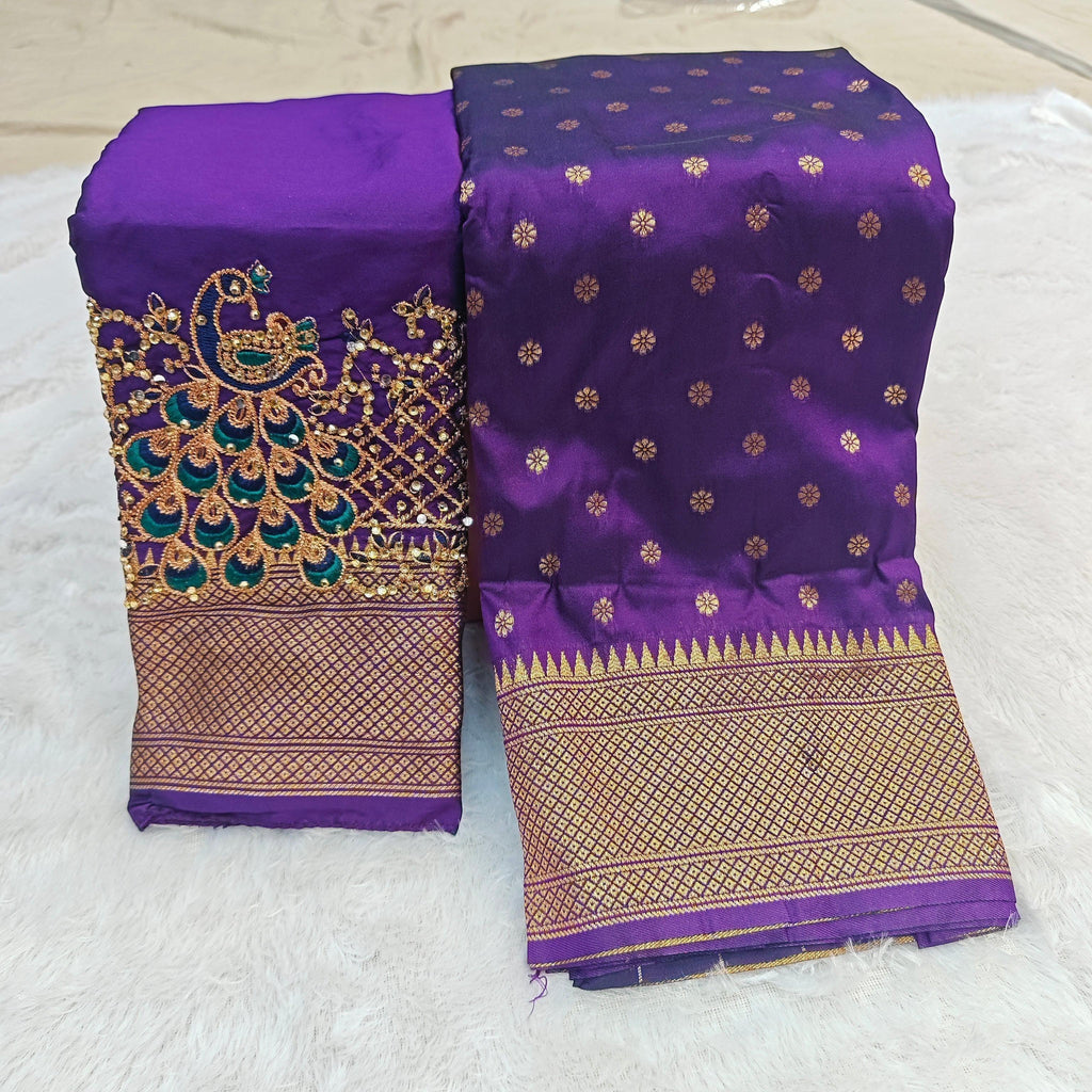 City Center purple Kalanjali silk saree with gold woven border and matching blouse featuring intricate peacock Aari work
