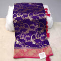 City Center purple Kathpadar Peshwai saree with gold floral motifs, Swarovski crystals, and a vibrant pink border.