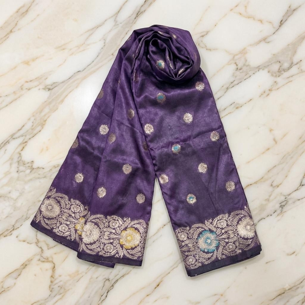 City Center premium purple Kattpadar silk saree with intricate handwoven zari floral border and silver motifs
