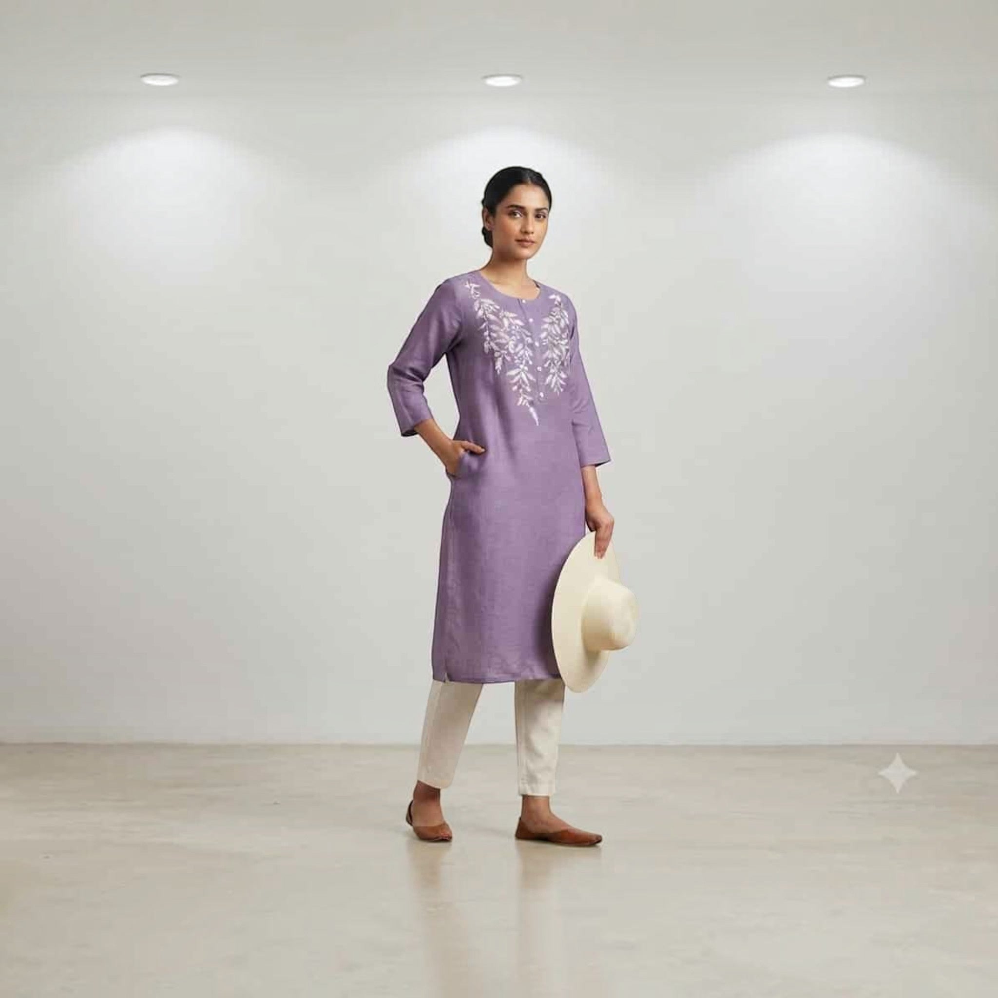 City Center premium purple Lodgy kurti with white floral embroidery, worn with cream trousers and a sun hat