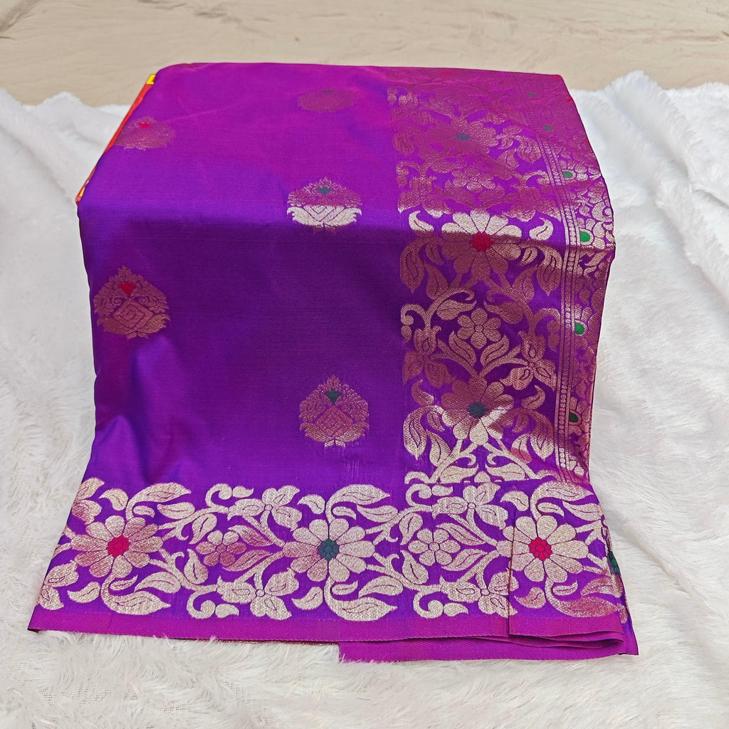 City Center purple silk blend saree with intricate gold zari and multi-color mina floral peacock motifs