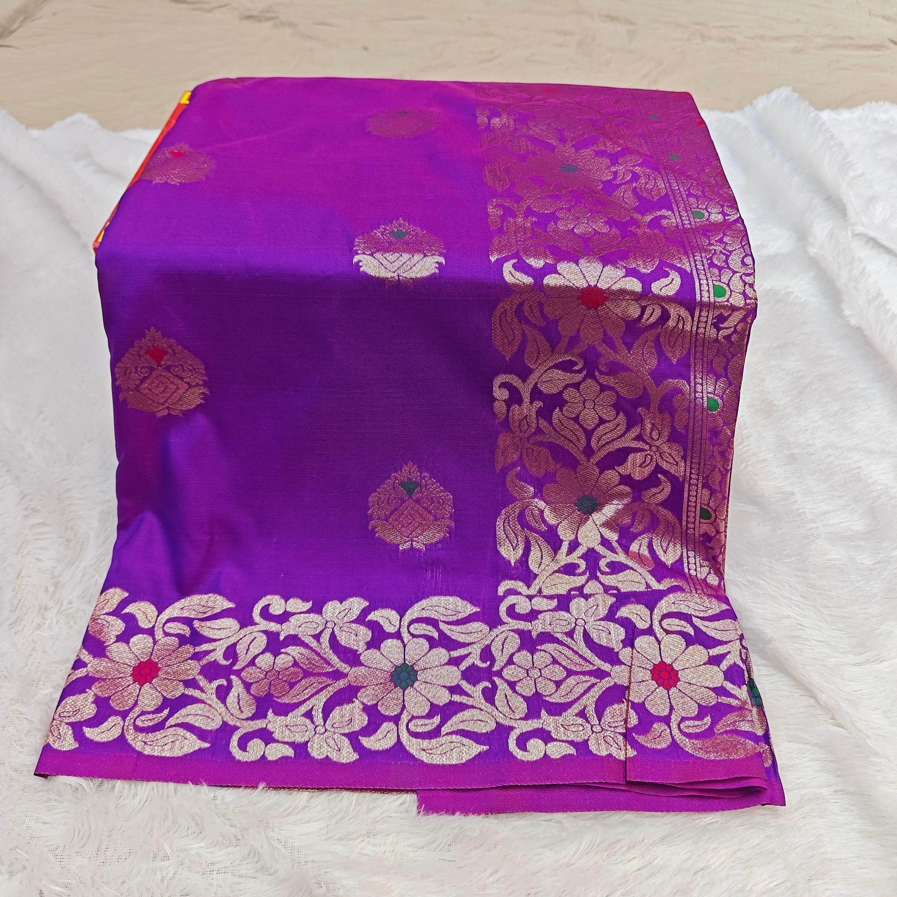 City Center purple silk blend saree with intricate gold zari and multi-color mina floral peacock motifs