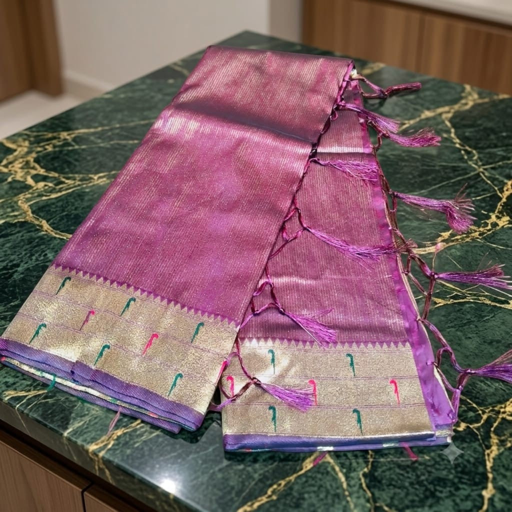 City Center Muniya Paithani silk saree in deep purple with gold zari border and traditional parrot motifs