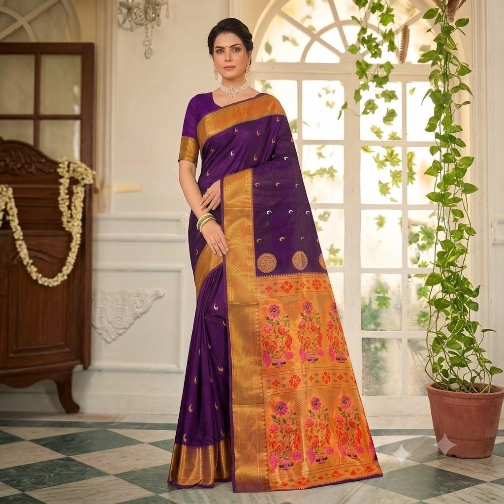 City Center purple handwoven silk Paithani saree featuring a gold zari Chandrakor moon border and peacock pallu