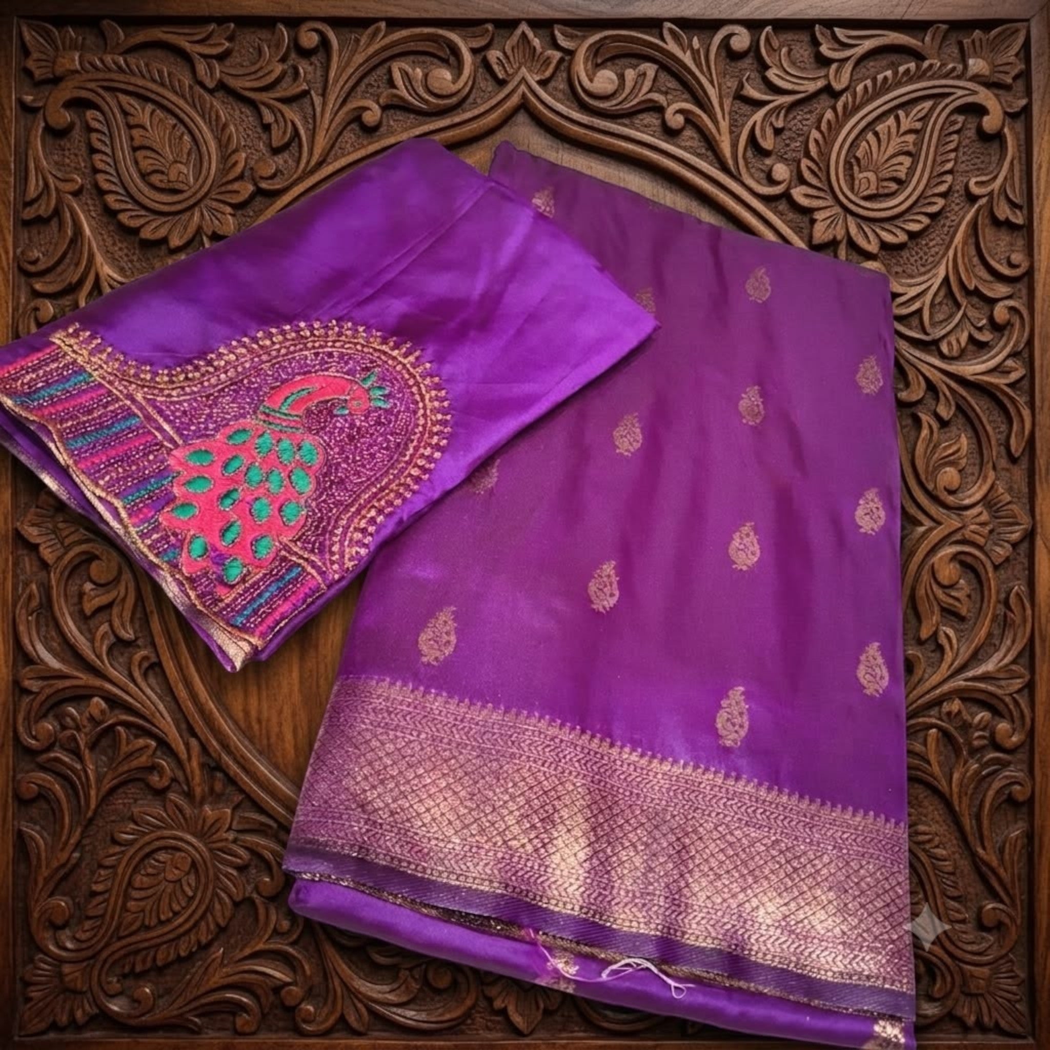 City Center purple satin saree with kattpadar border and matching blouse featuring intricate peacock Aari embroidery