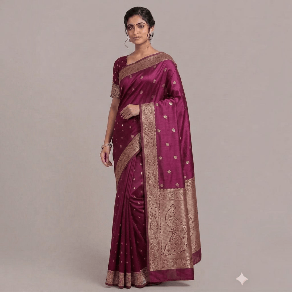City Center premium purple silk Katpadar saree with intricate gold zari peacock border and traditional floral motifs