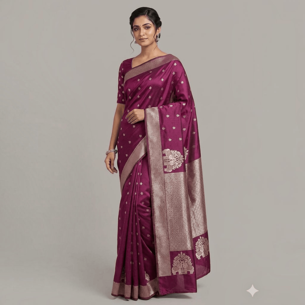 City Center premium purple silk Katpadar saree with intricate gold zari brocade border and traditional elephant motifs