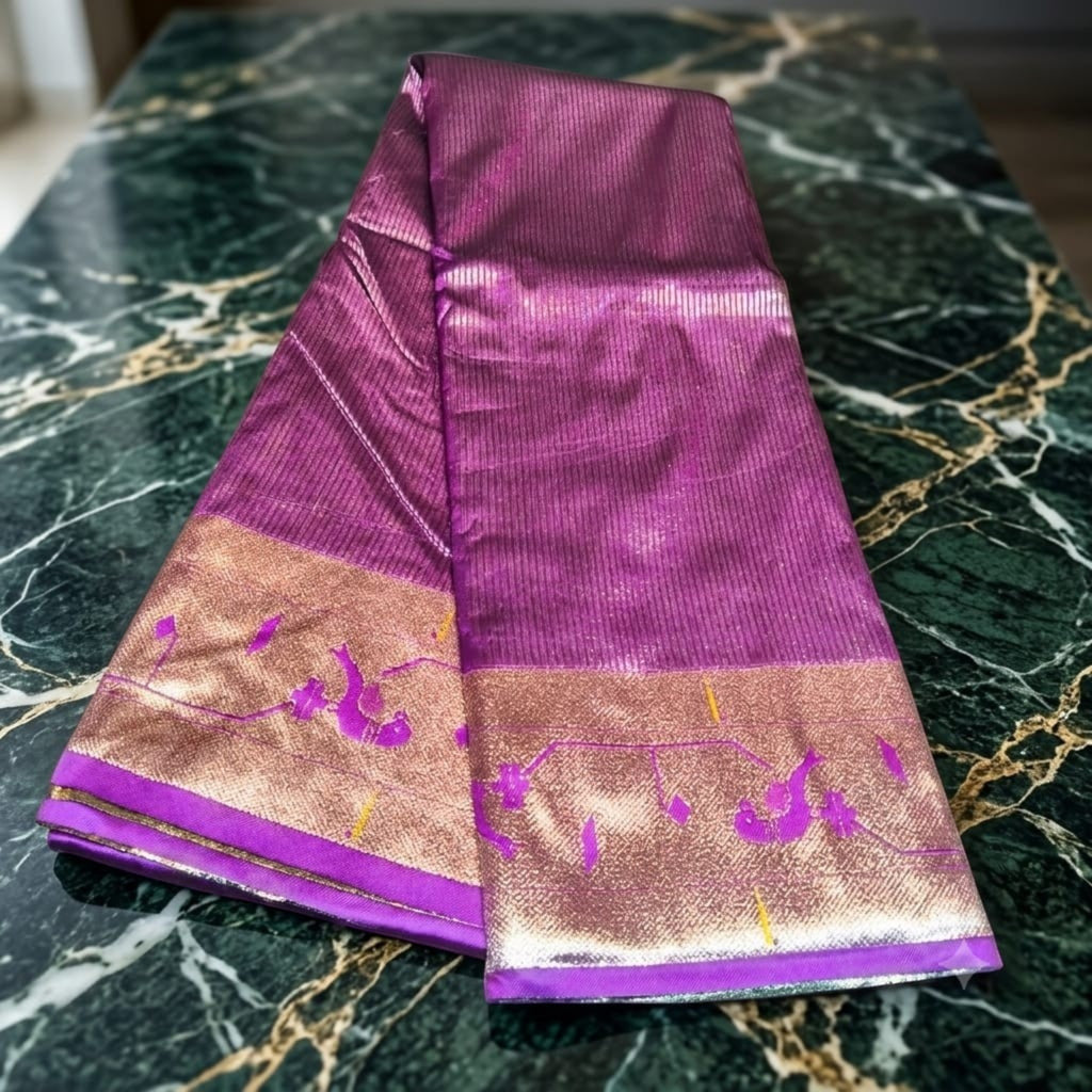 City Center purple silk Muniya Paithani saree with gold zari border and traditional parrot motifs on a marble table.