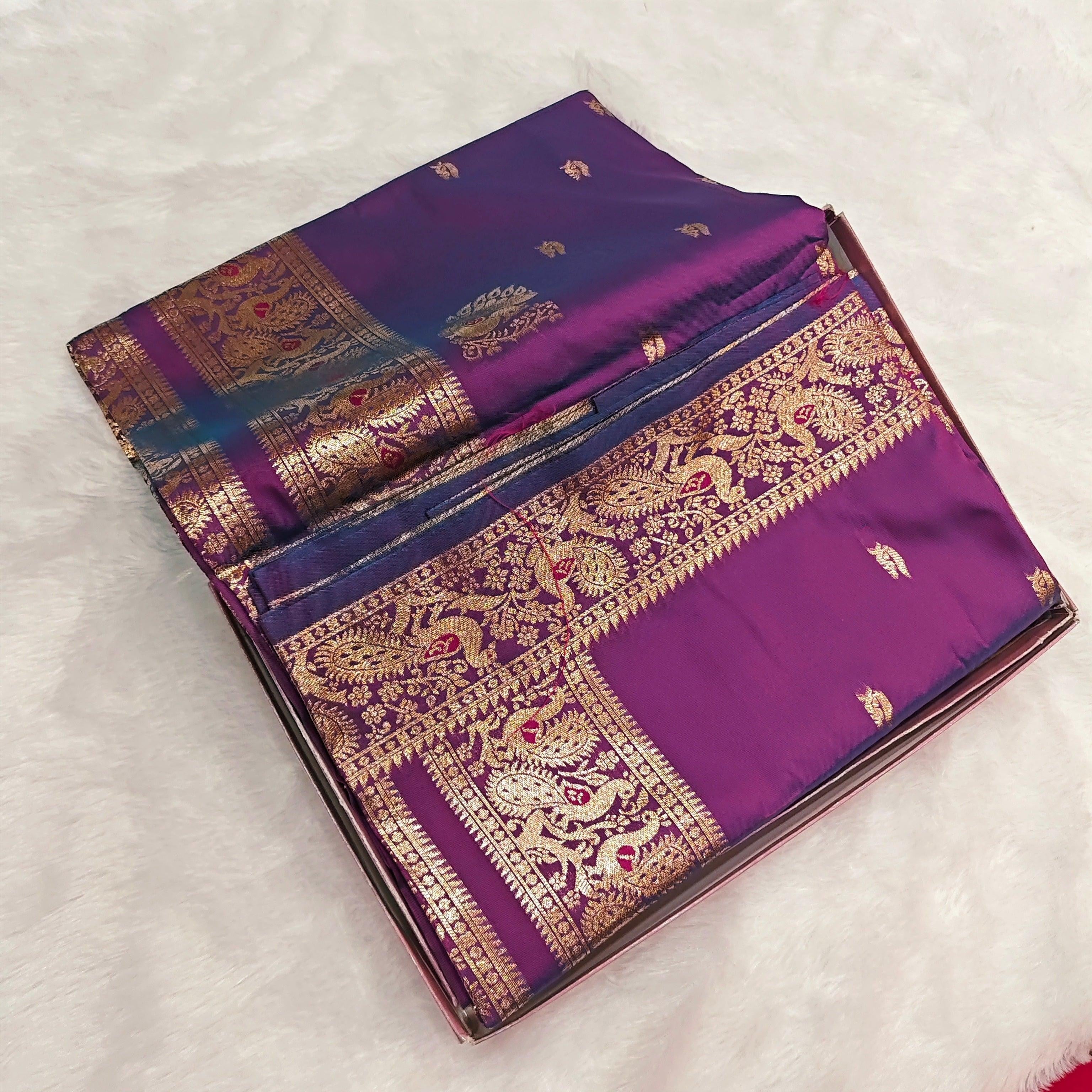 City Center premium dual-tone purple silk Peshwai saree with intricate gold zari peacock border and traditional motifs