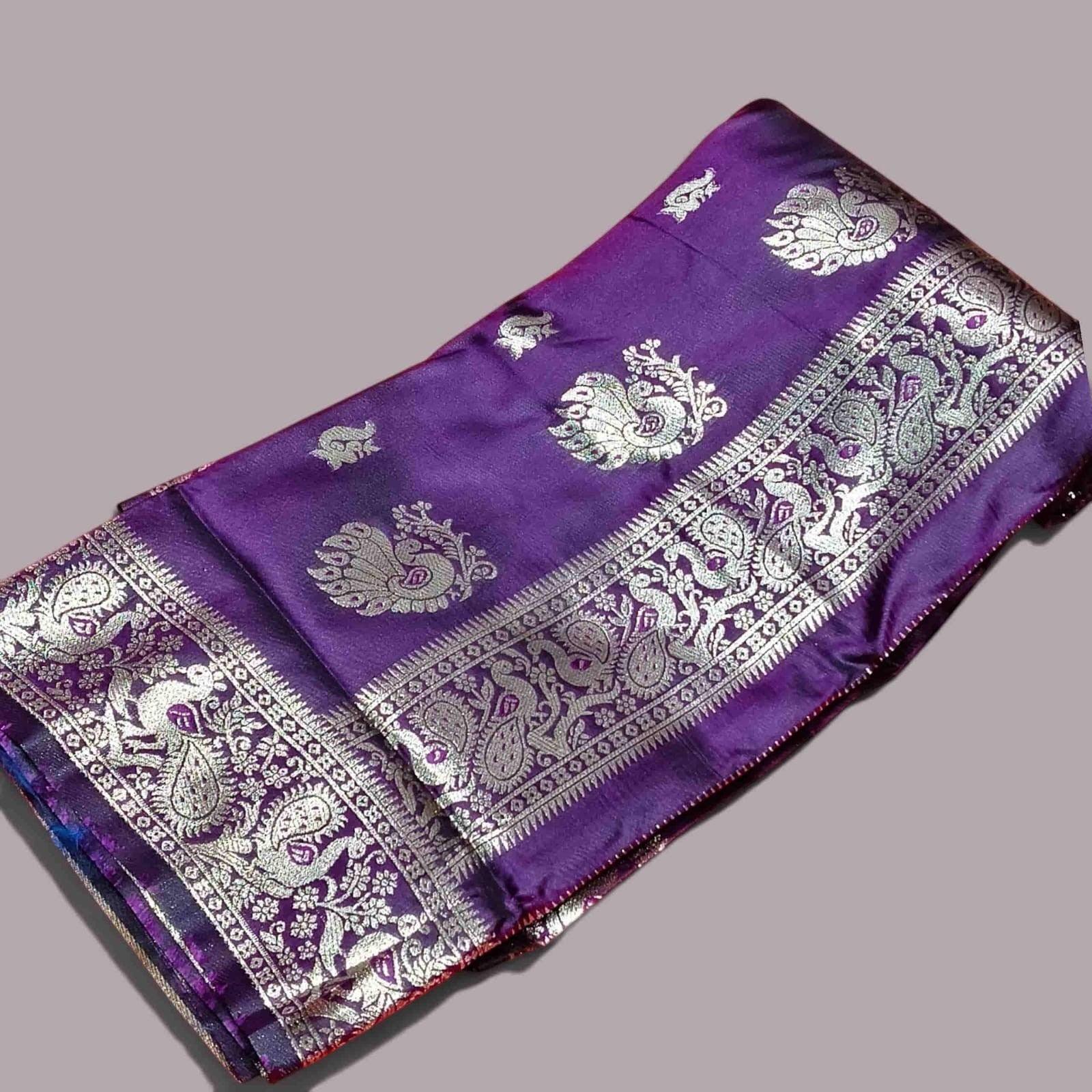 City Center Premium Peshwai Sadi in deep purple pure silk with intricate silver zari peacock and paisley motifs
