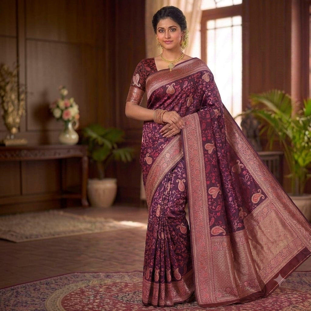 City Center traditional deep purple silk saree with intricate woven paisley motifs and metallic zari border.