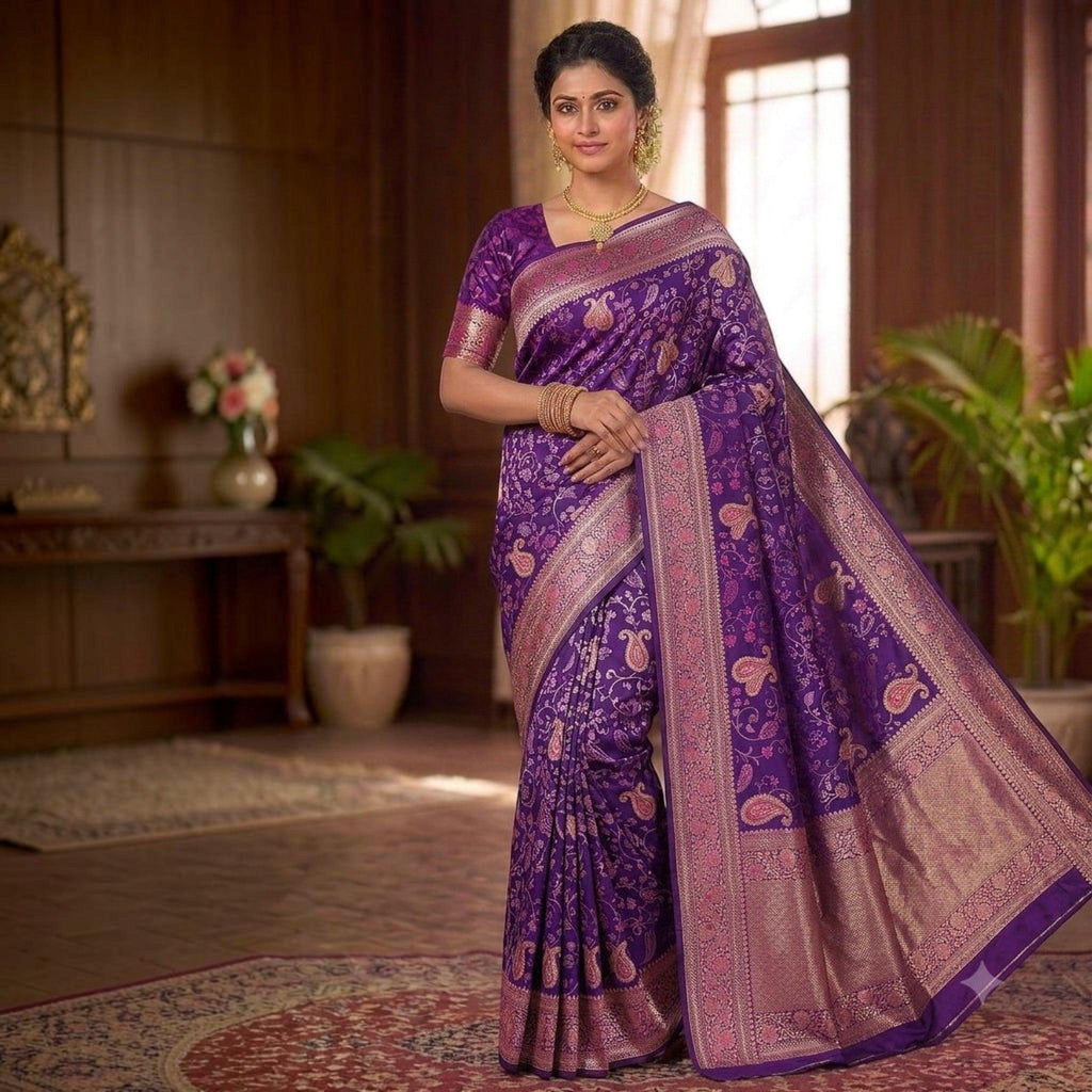 City Center purple silk saree with intricate woven paisley motifs and a wide metallic zari border worn by a woman.