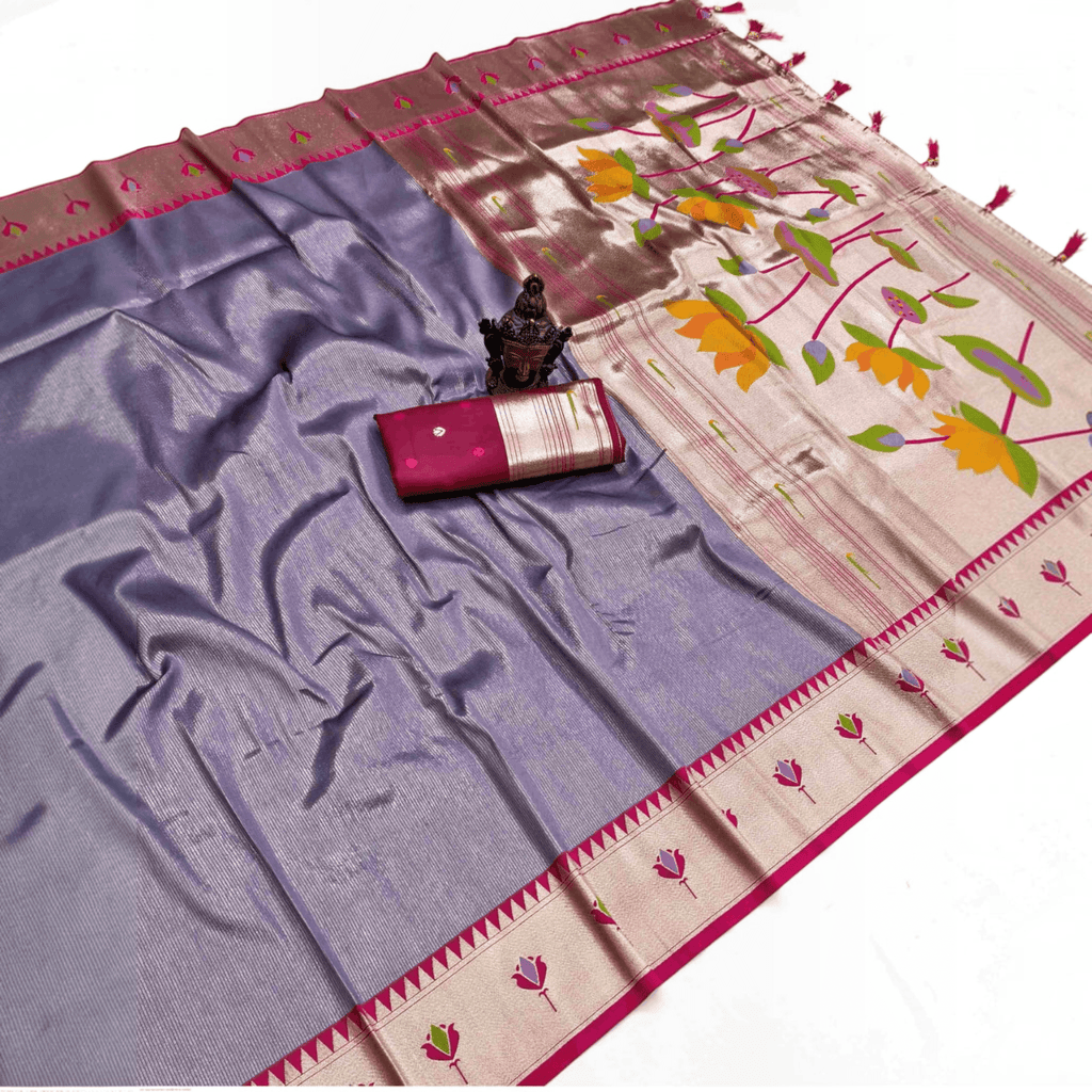 City Center Apratim Tishu lotus Paithani saree in purple with metallic sheen, intricate border, and blouse piece.