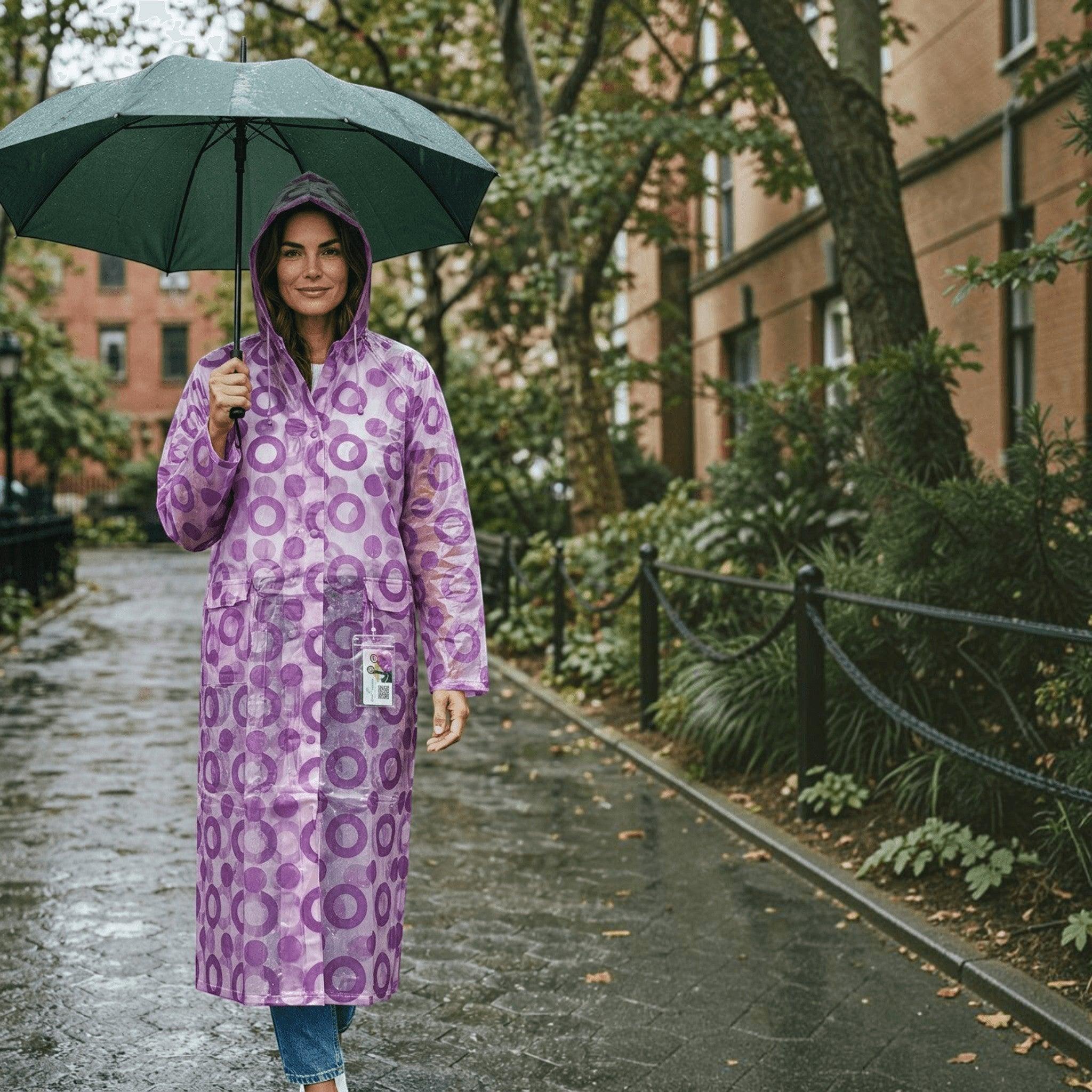 City Center woman wearing a purple patterned transparent EVA raincoat with a hood while holding an umbrella in the rain
