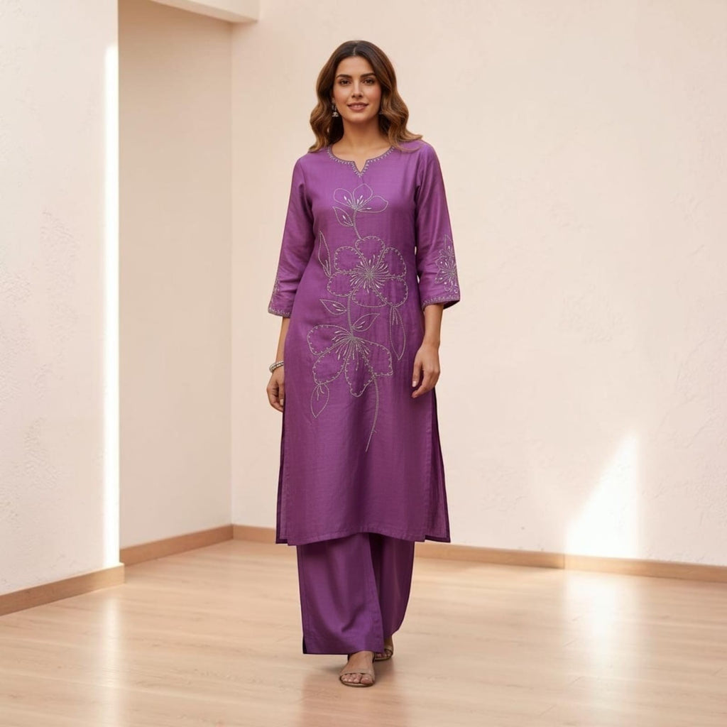 City Center purple Vatican fabric cord set featuring a long embroidered kurti with side pocket and matching wide-leg pants